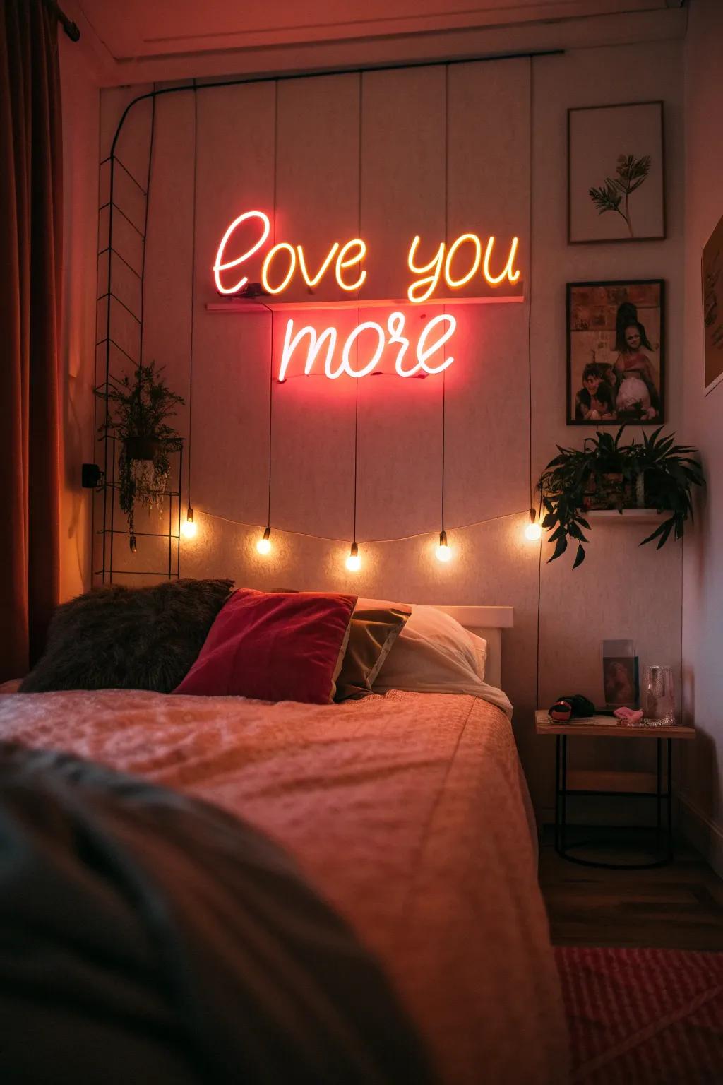 A romantic sign sets an intimate mood in the bedroom.