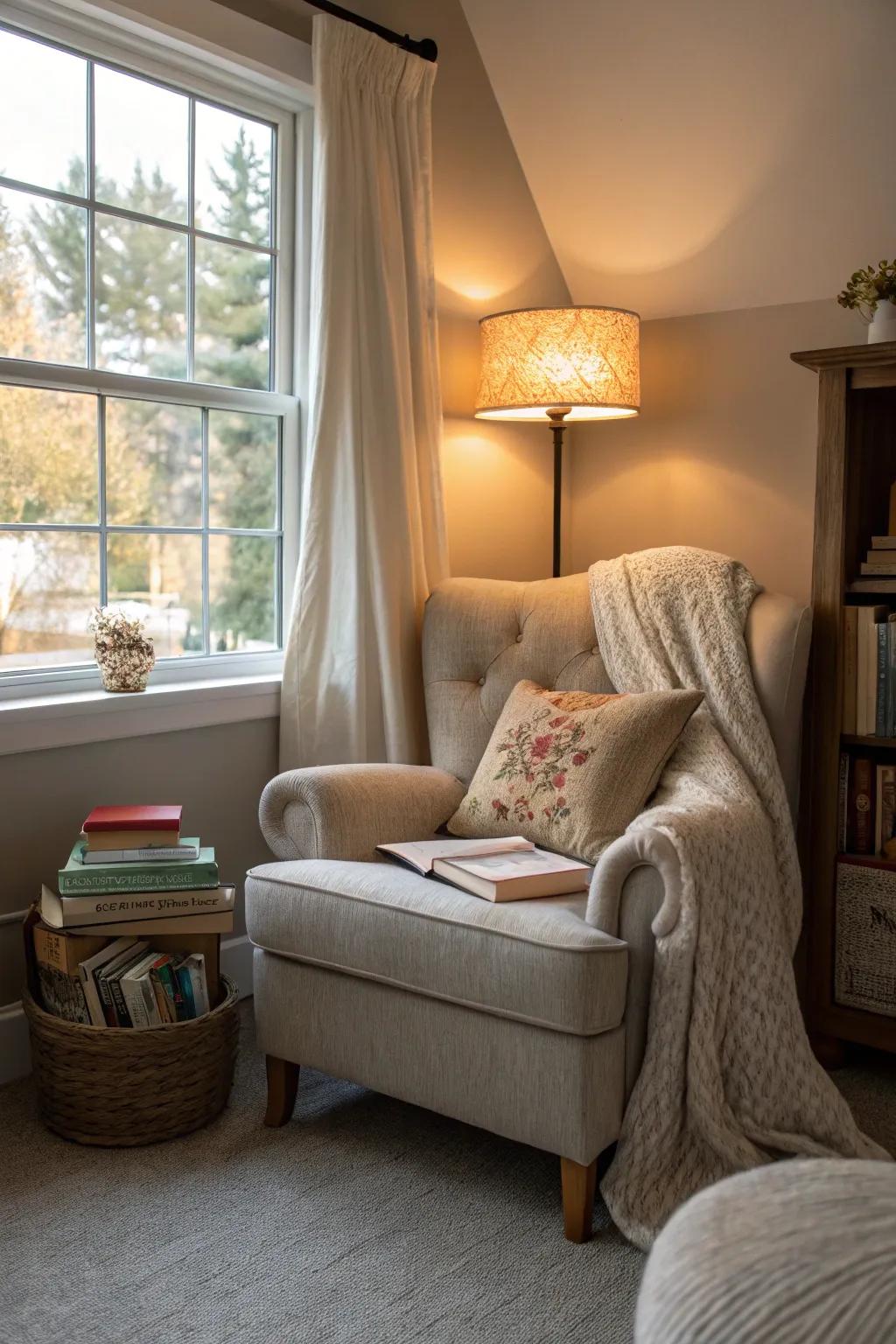 A reading nook offers a personal escape in the bedroom.