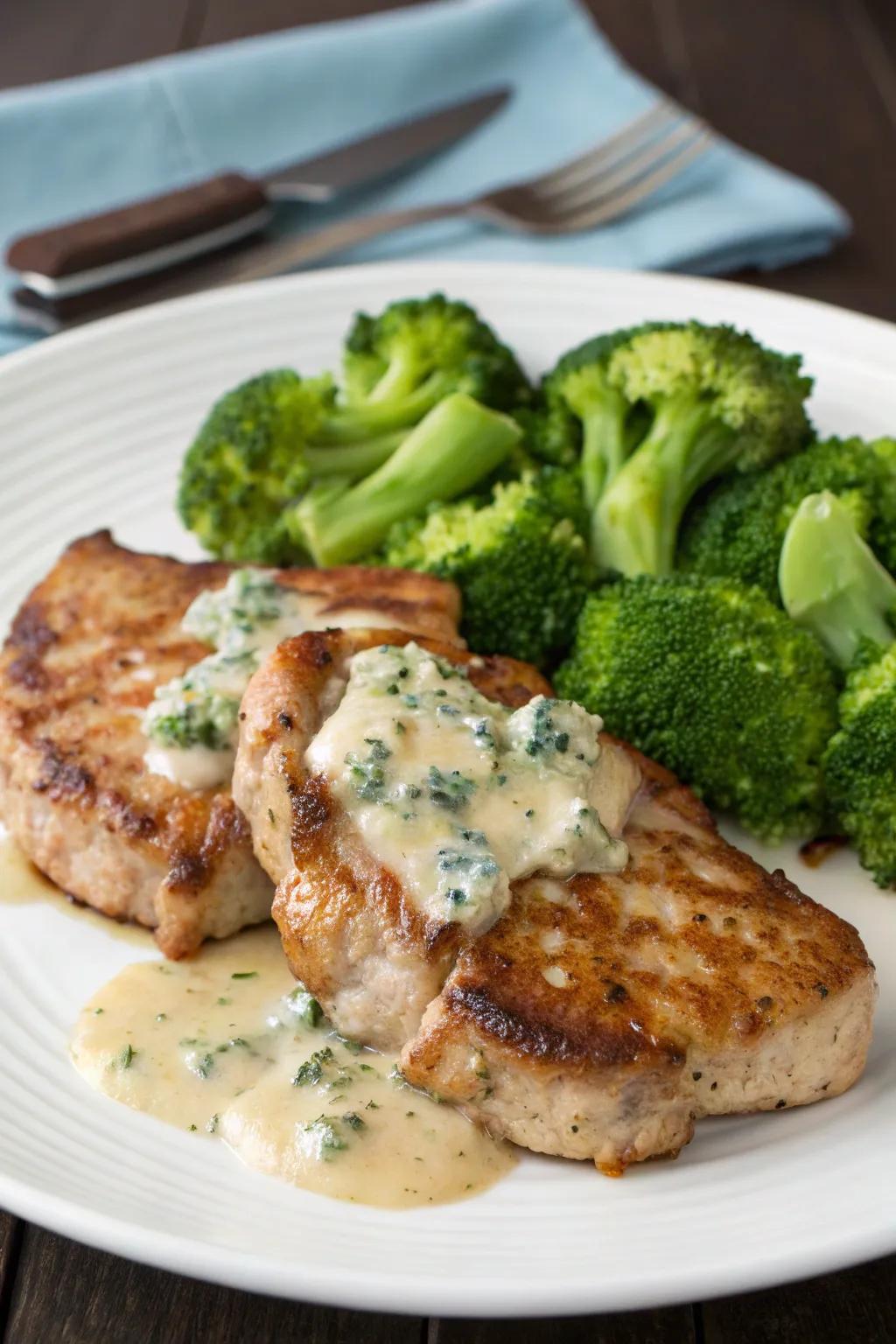 Pork with Blue Cheese nectar, presenting a tangy and chic option for New Year’s Day dinner.