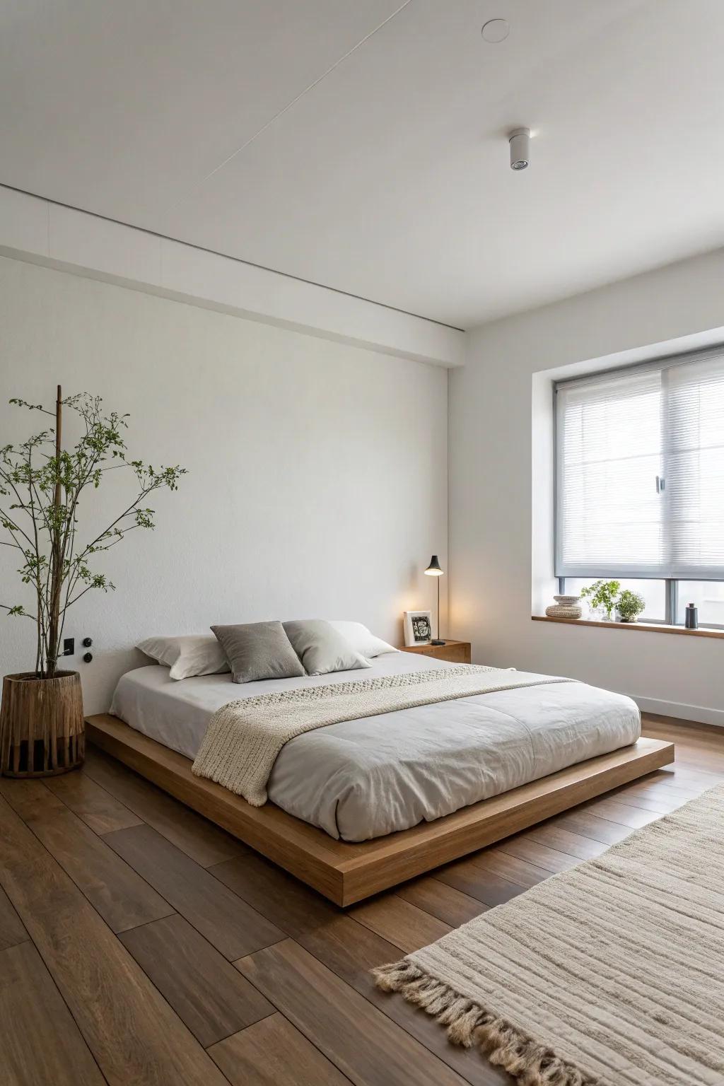A paired-down setup fashions a serene and calming bedroom getaway.
