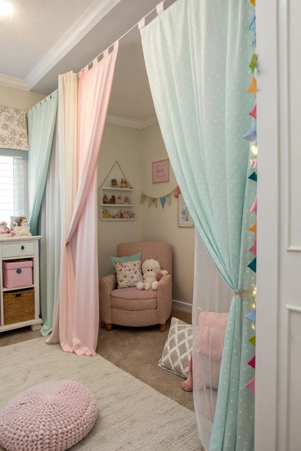 Drapes can readily fashion a secluded nook within a broader chamber.