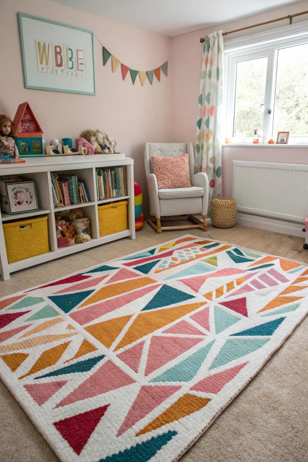 Geometric patterns craft a modern and dynamic nursery.