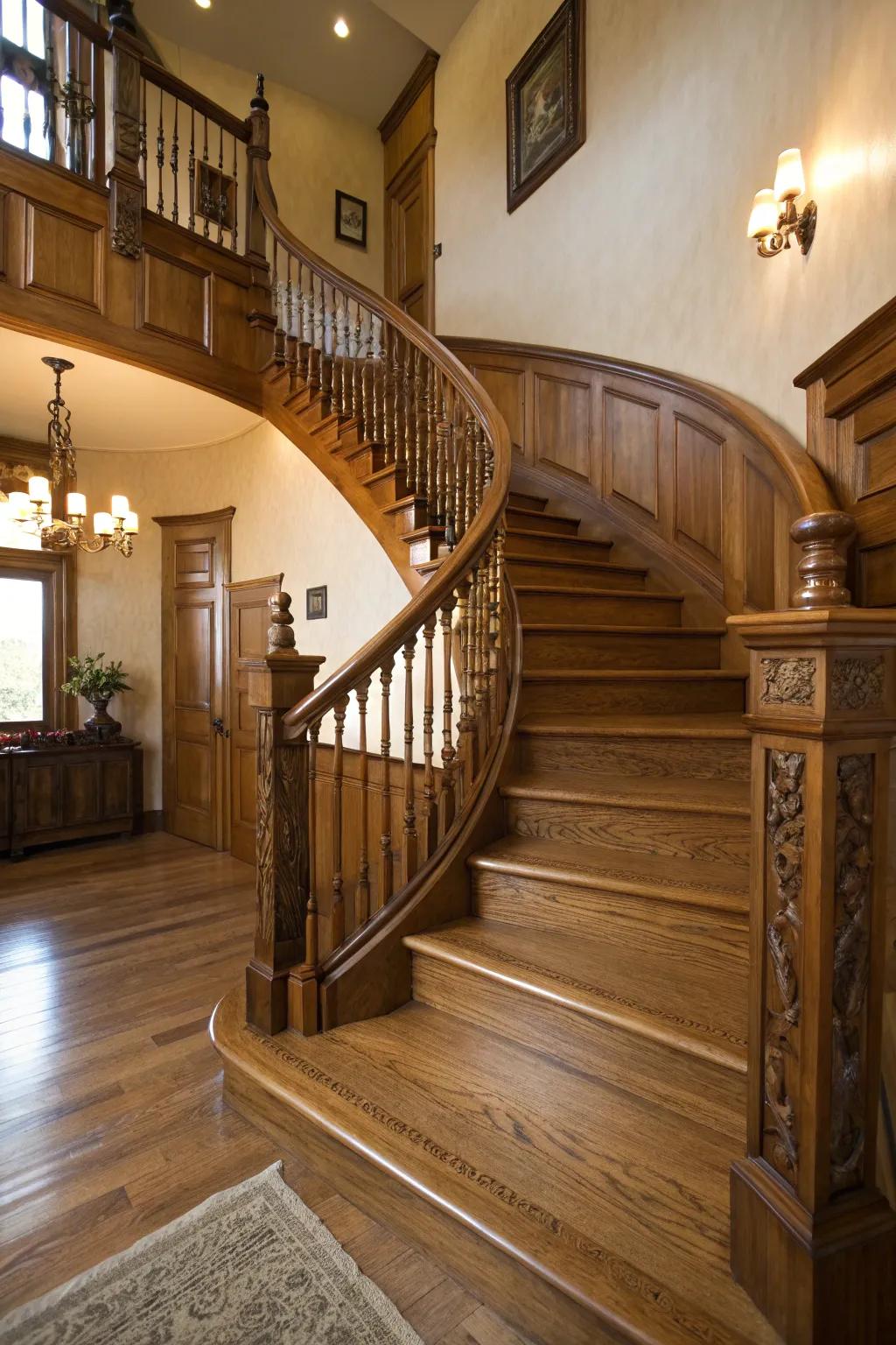 Curved elements introduce elegance and grace to an oak staircase.