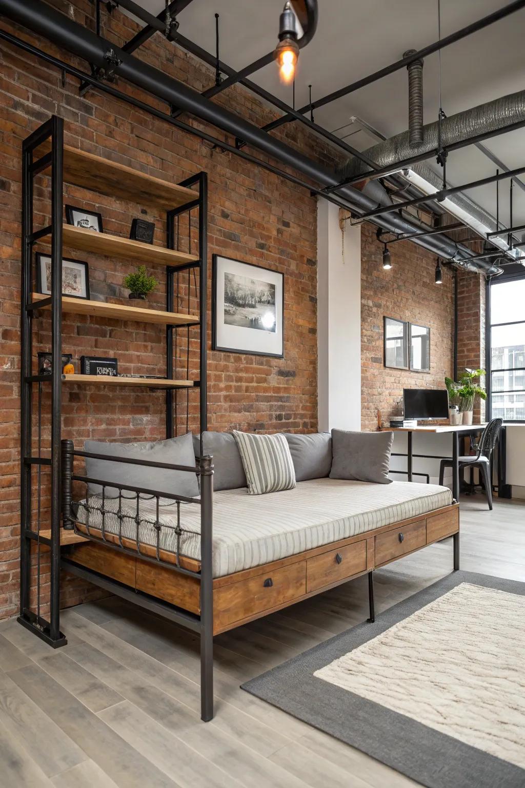 An industrial daybed combines modernity with rugged charm.