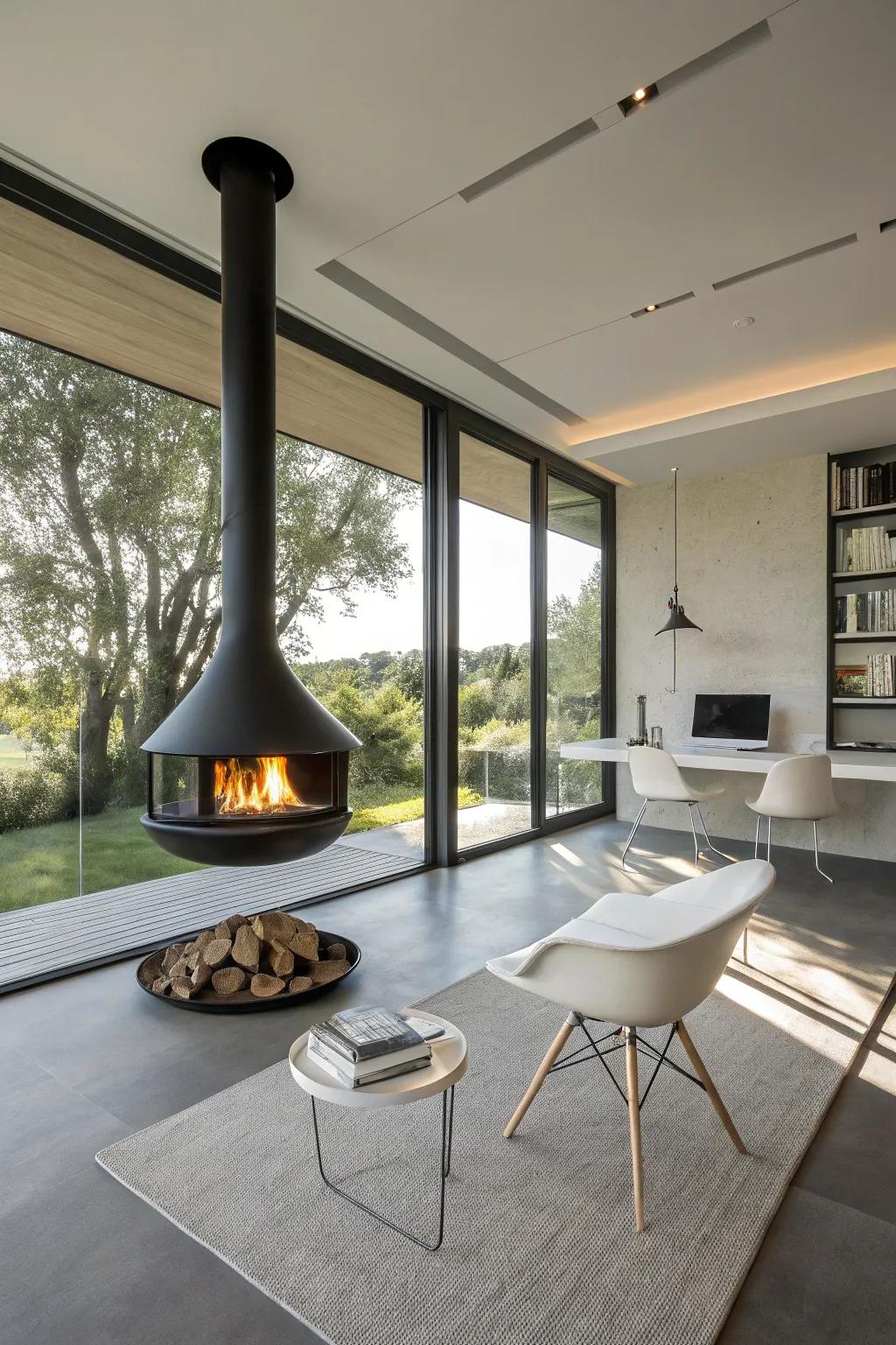 A hanging fireplace provides a modern touch of art.