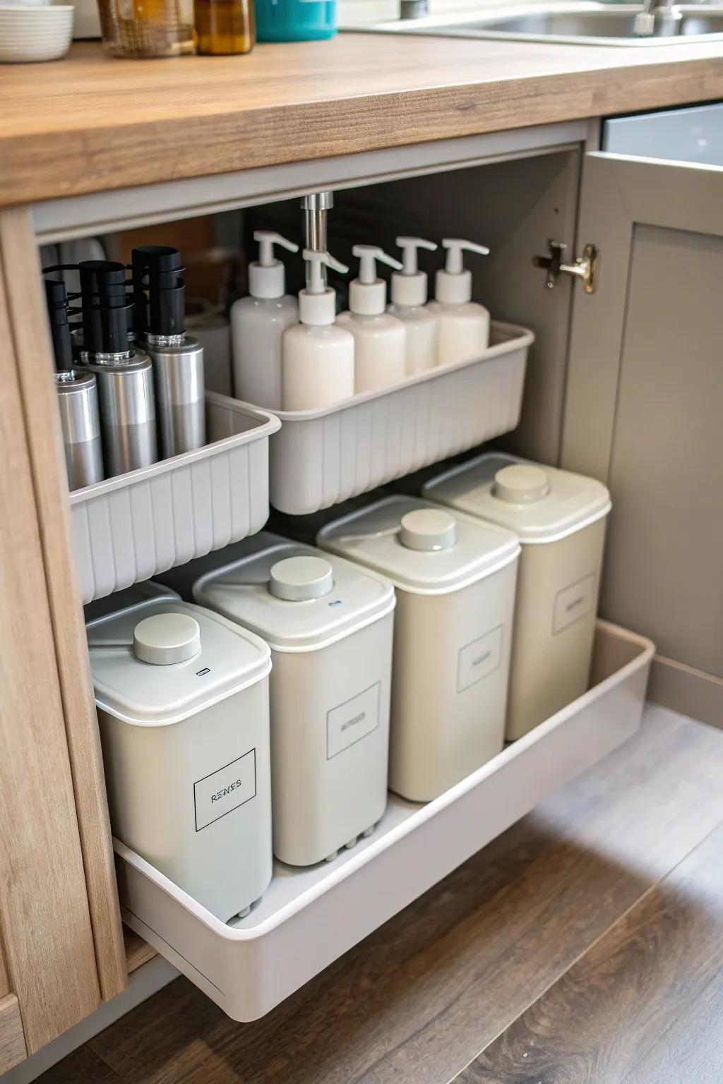 A smooth and arranged look is made by using same containers.