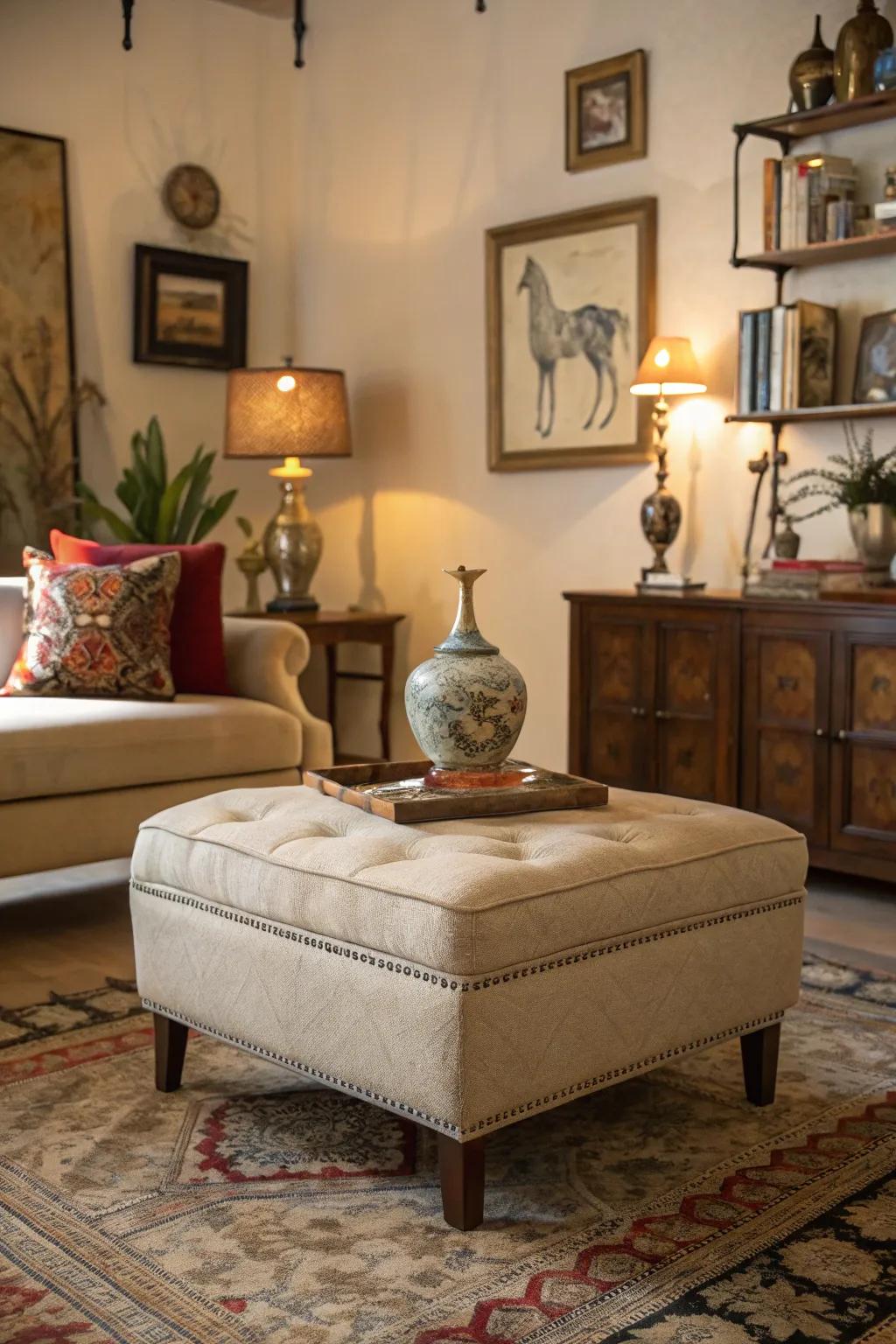 An ottoman serving as a platform for an art display.