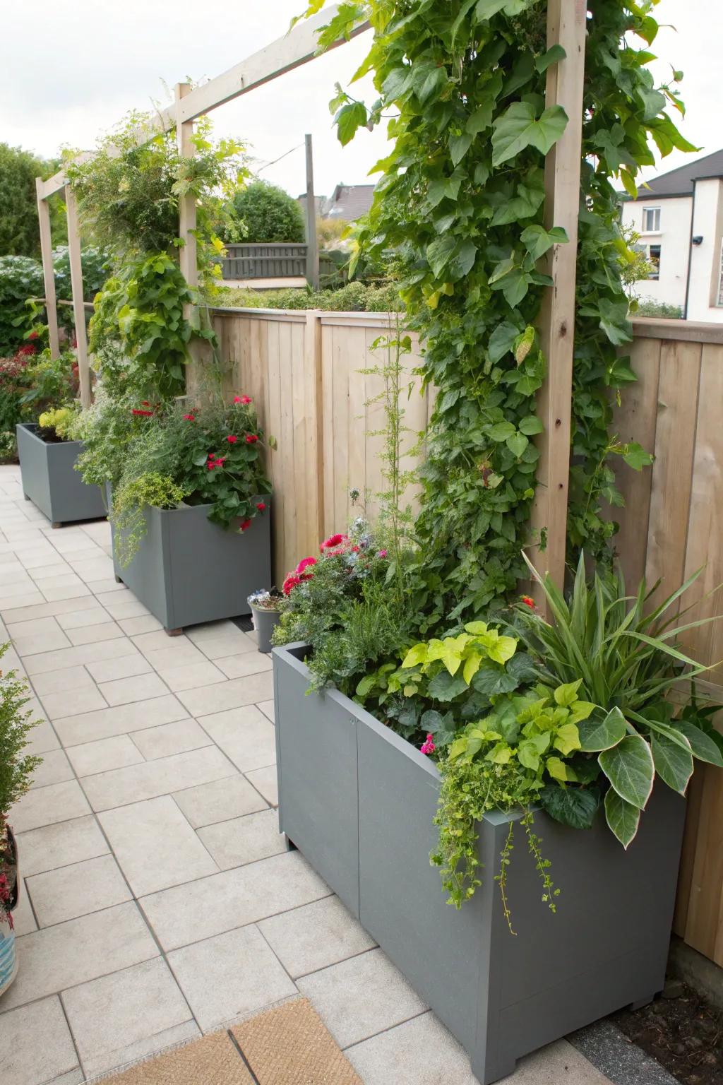 Flora holders delineate zones while including greenery.