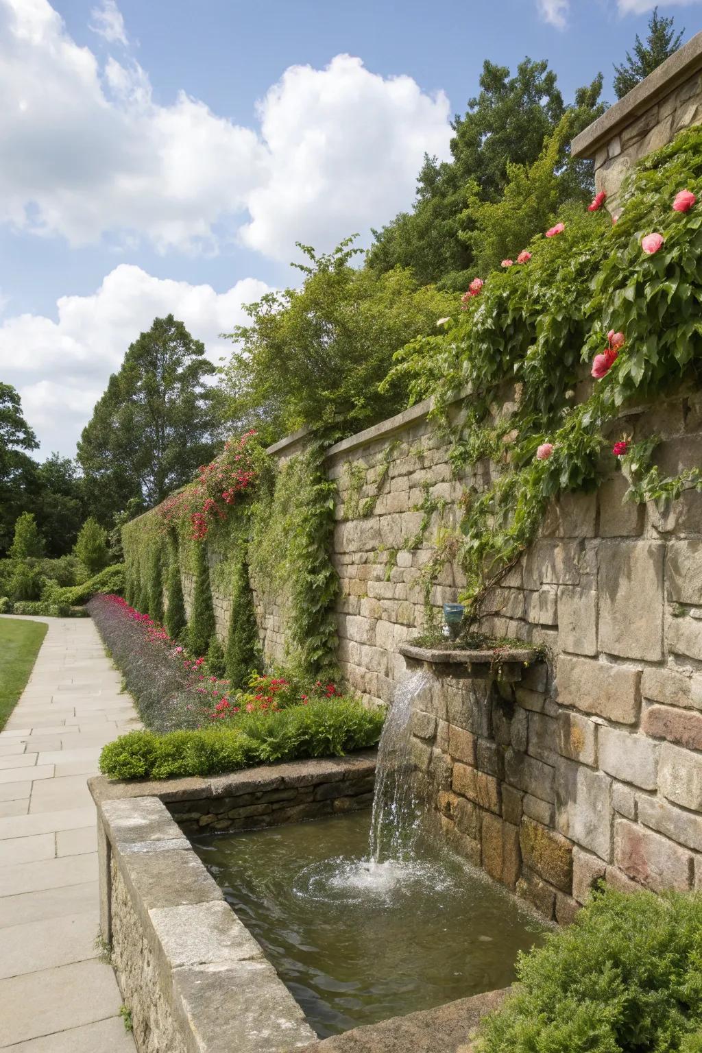 Water parts mixed with stone walls heighten calm.