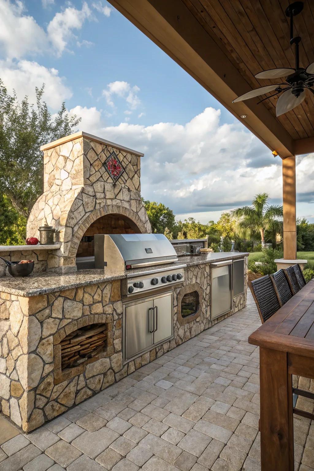 Mosaic stone mix backsplashes create depth and character in outdoor kitchen designs.