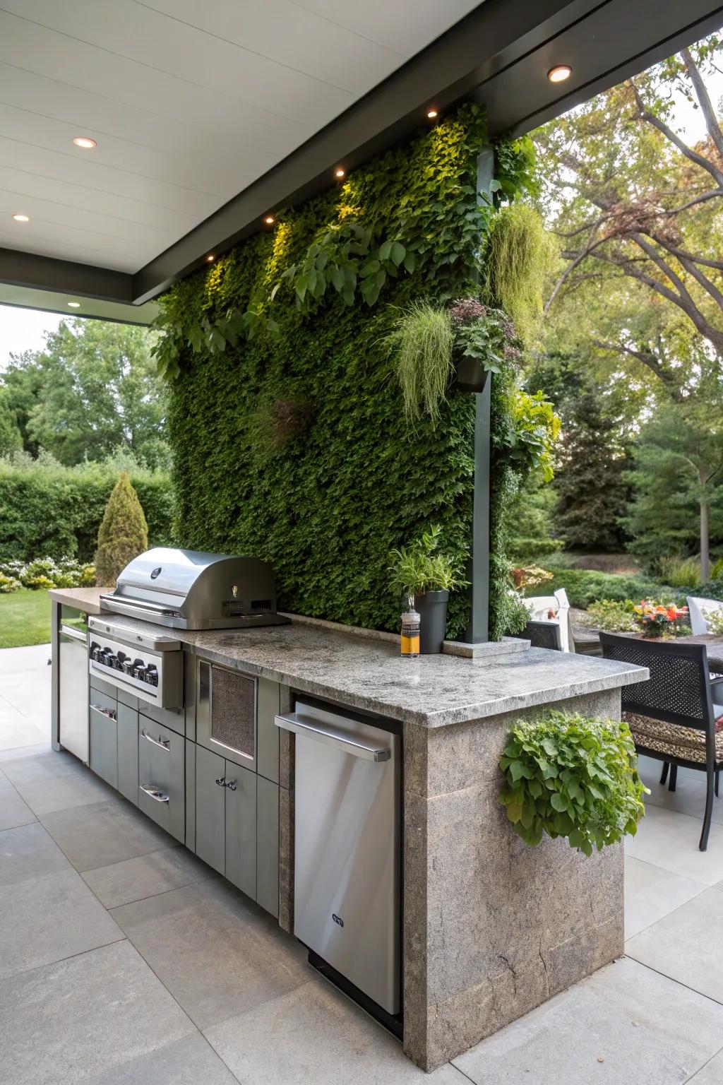 A refreshing outdoor cooking area featuring an integrated living divider for added greenery.