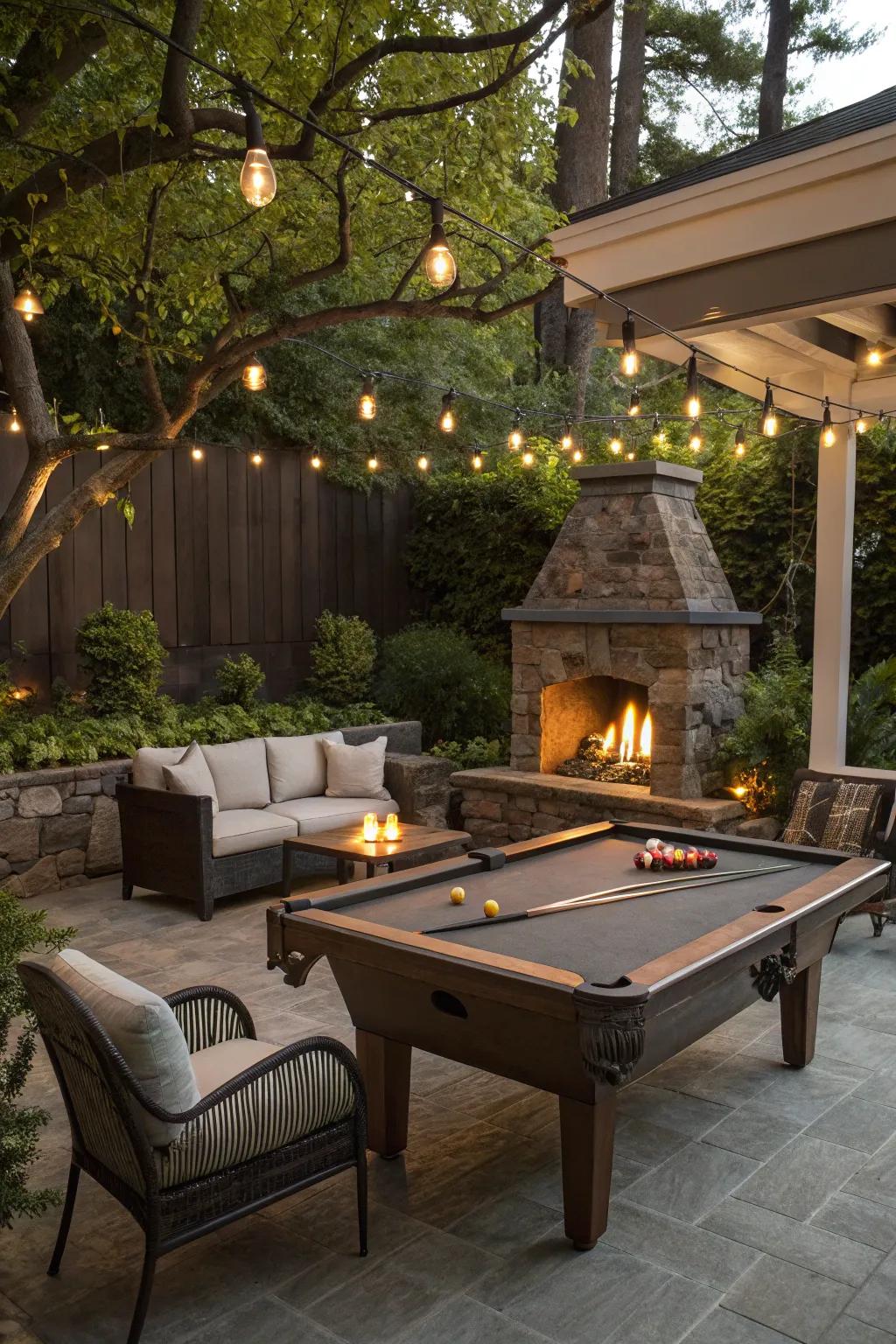 A pool table area with a fire pit that offers heat and ambiance.