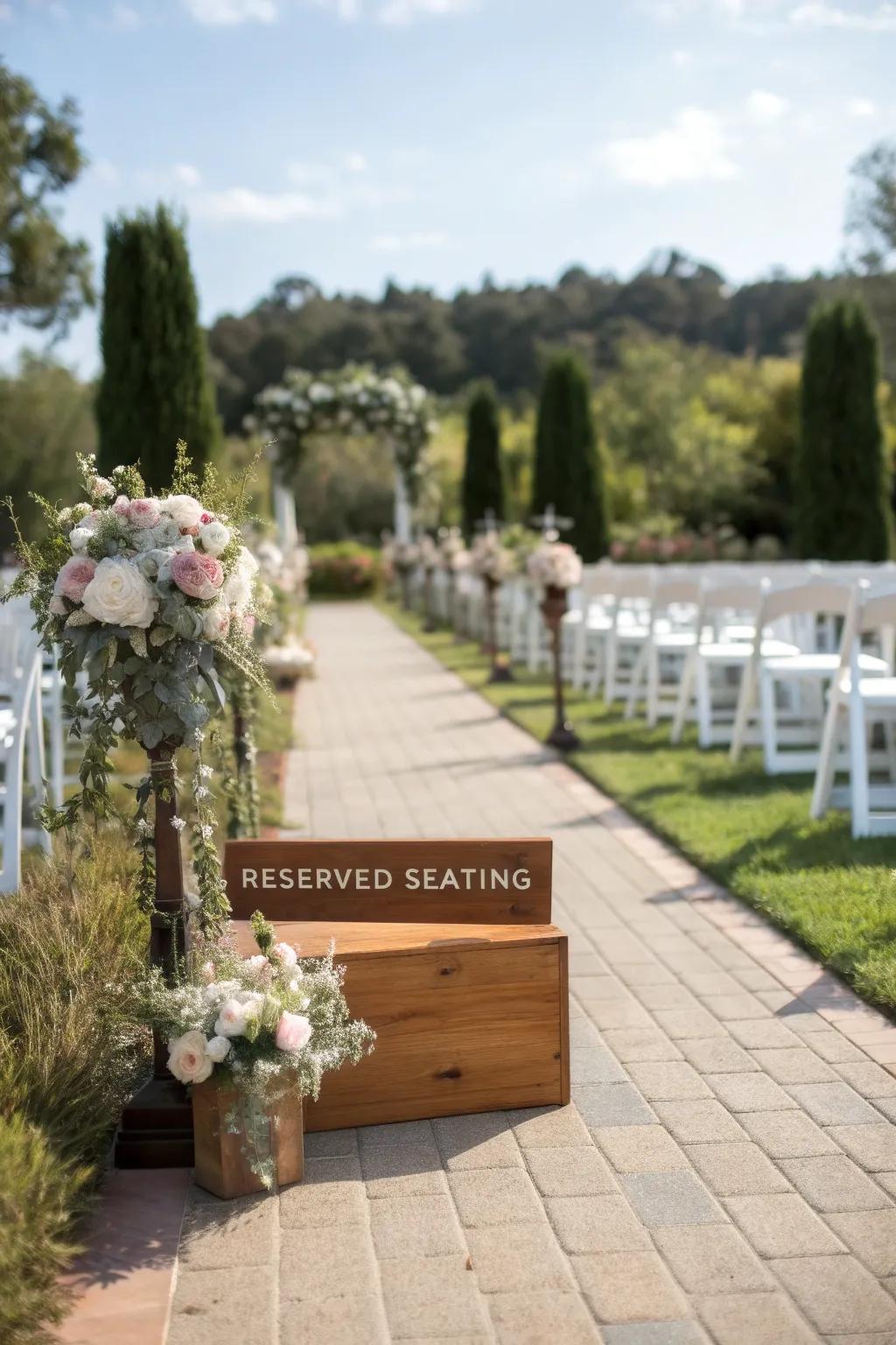 Reserved seating signs add a personal touch to the aisle.