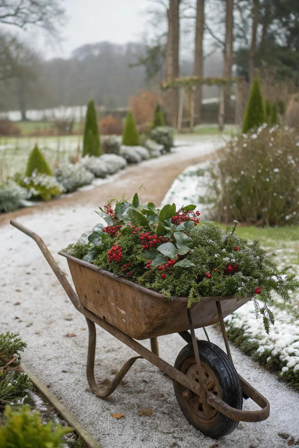 A charming display choice is provided by an old-fashioned wheelbarrow.