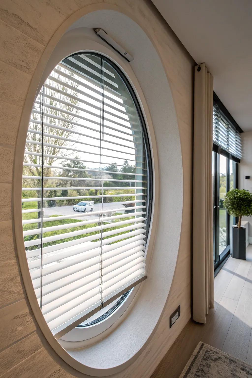 Self-operating blinds bring convenience and modernity to oval windows.