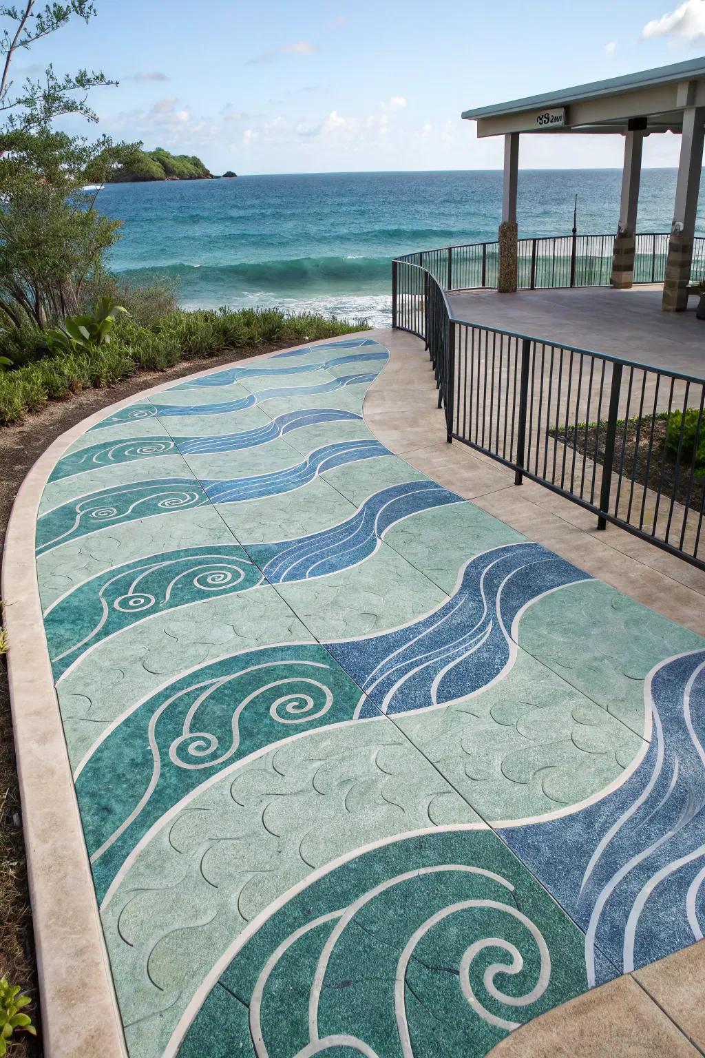 Undulating motifs transport a coastal atmosphere to this patio expanse.