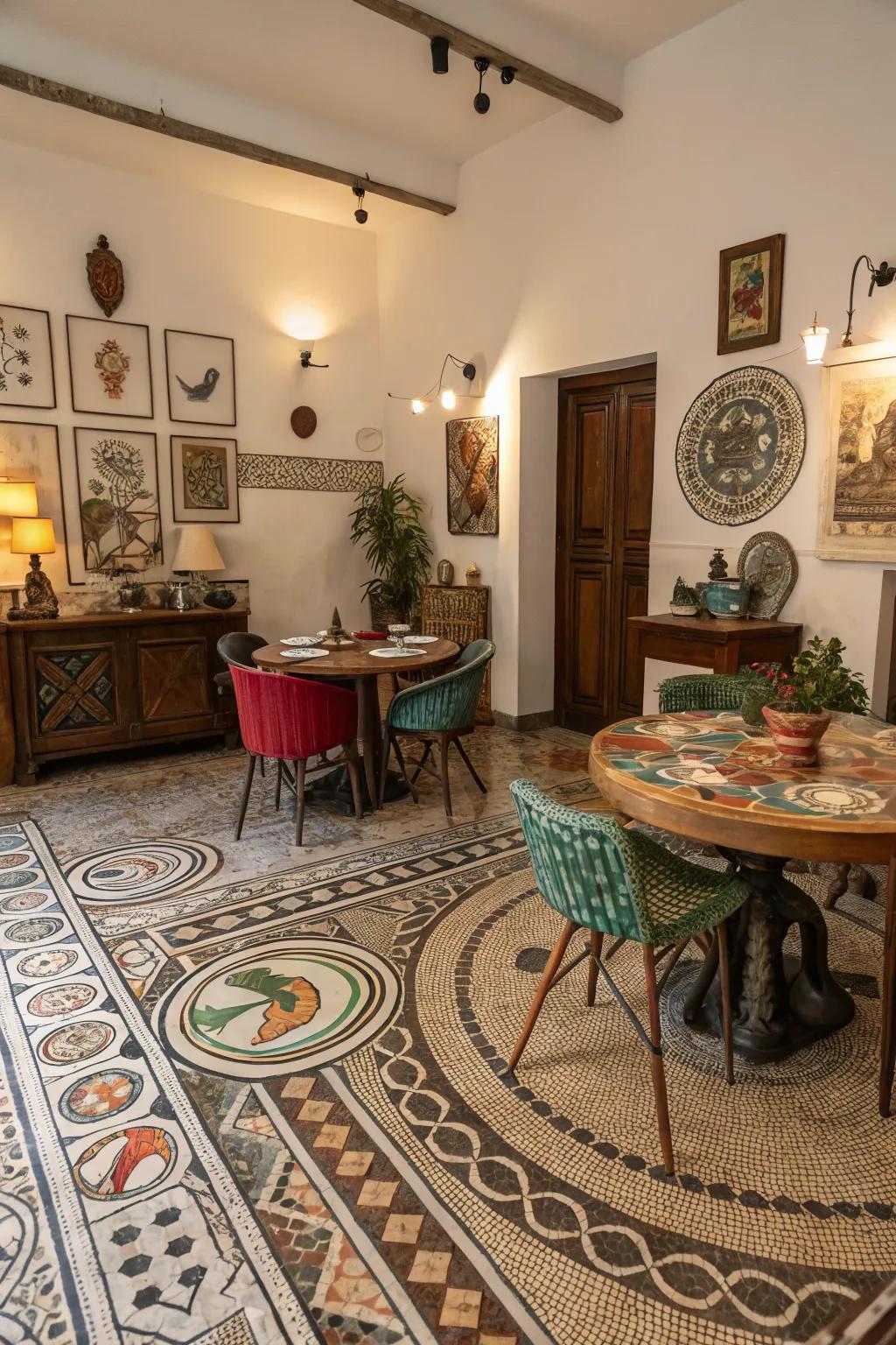 A dining room featuring floors painted with cultural designs, which shows respect for global art.