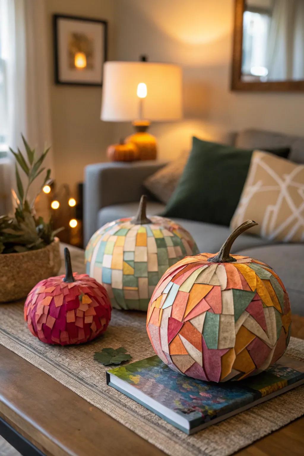 Artistic mosaic paper pumpkins adding a splash of color.