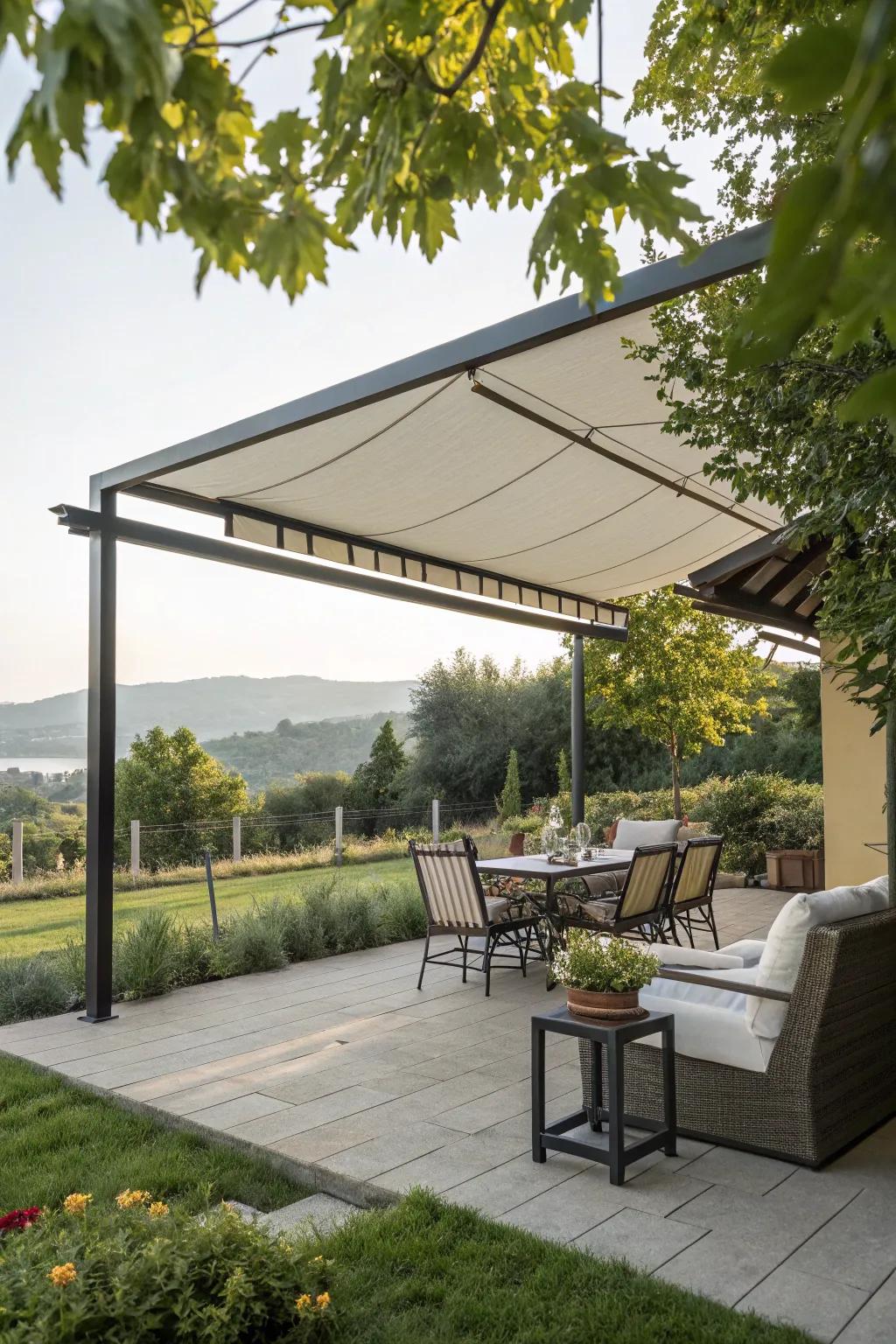 Overhanging shades provide sun protection while maximizing patio space.