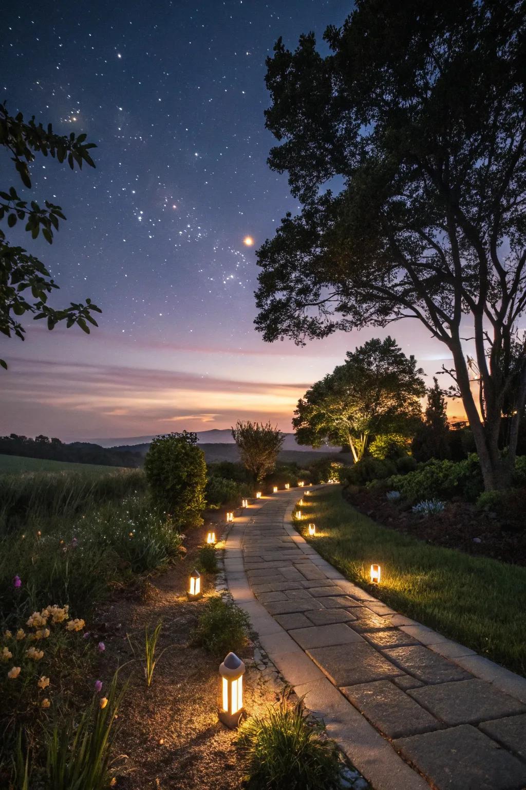 Sun-powered lights casting a warm radiance over a garden path.