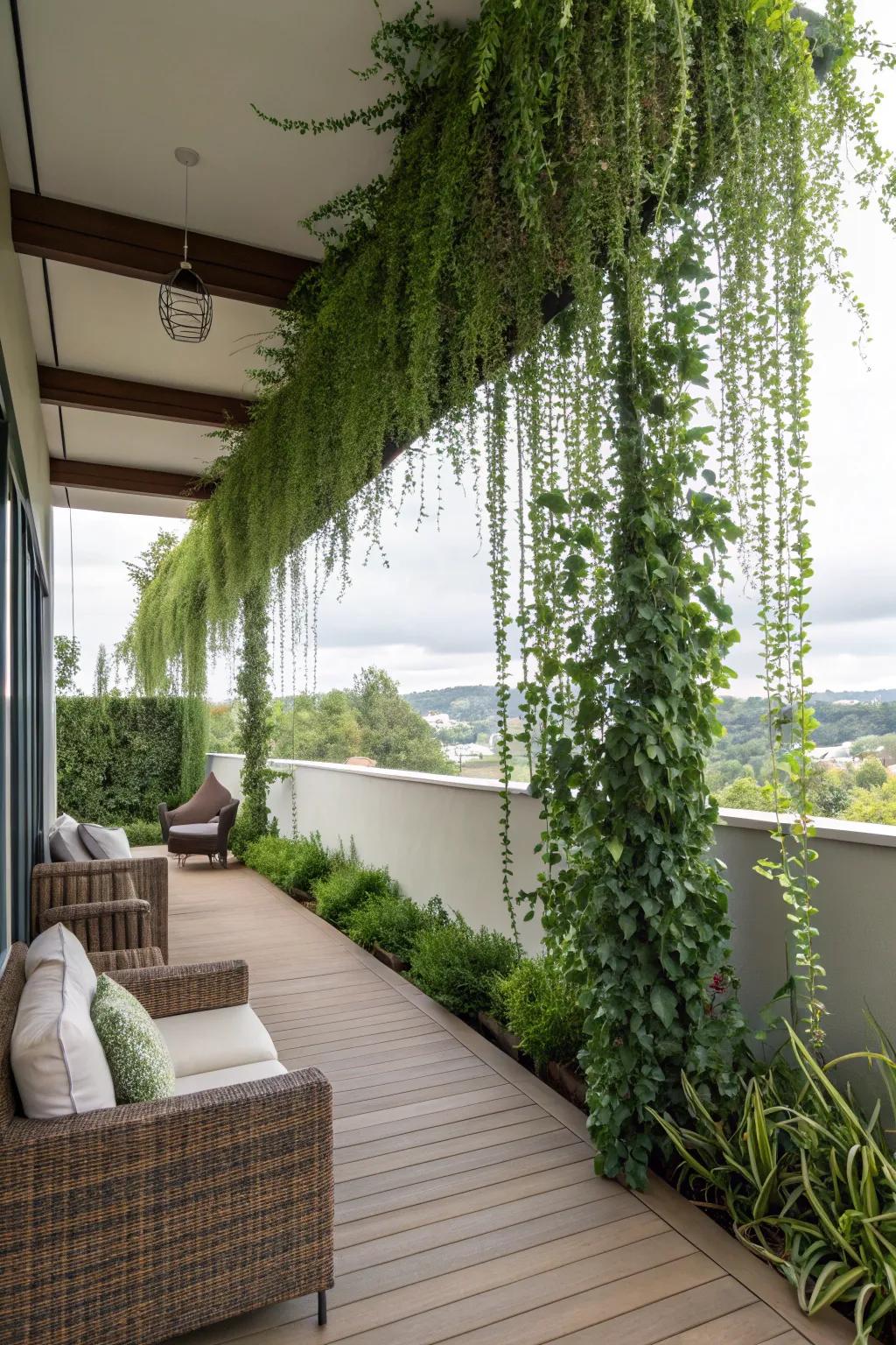 Merge privacy with nature employing hanging greenery.