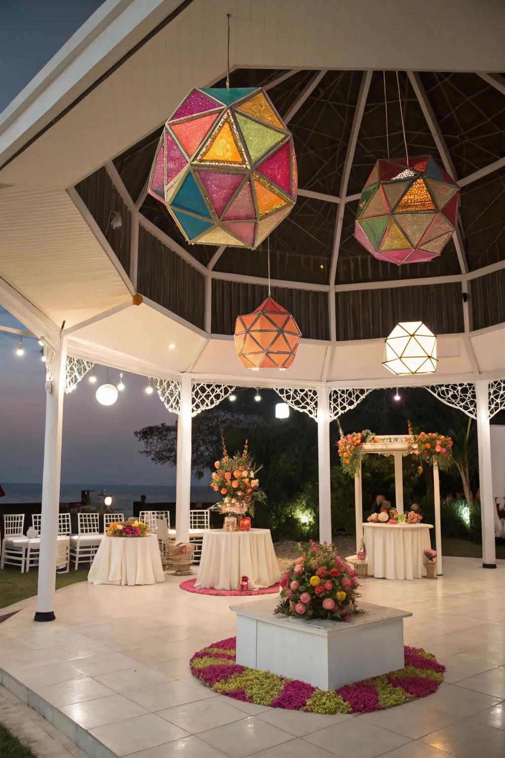 Mathematical forms introduce a modern twist to the pavilion decor.