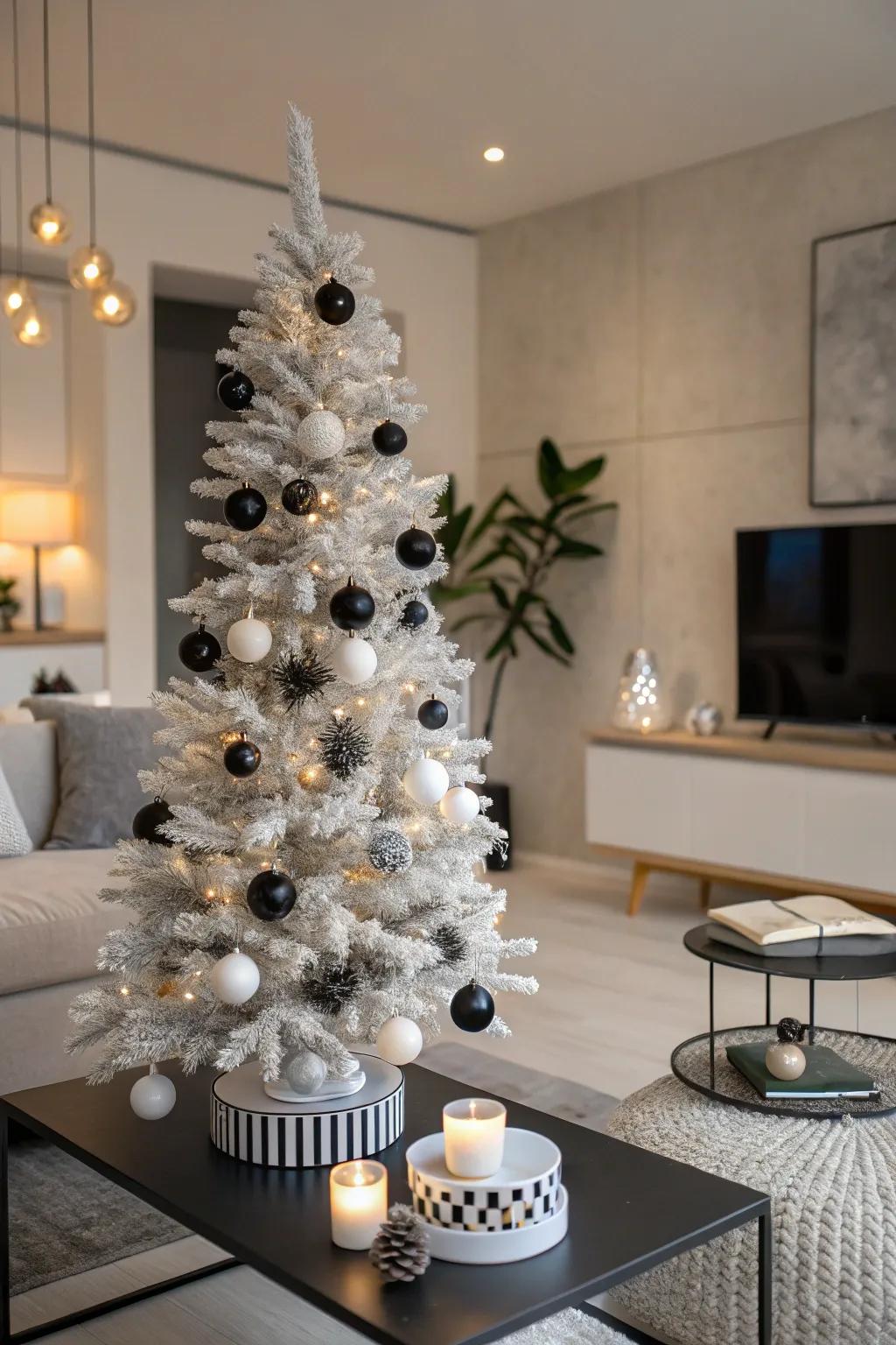 Elegant black and white ornaments create a chic pencil tree.