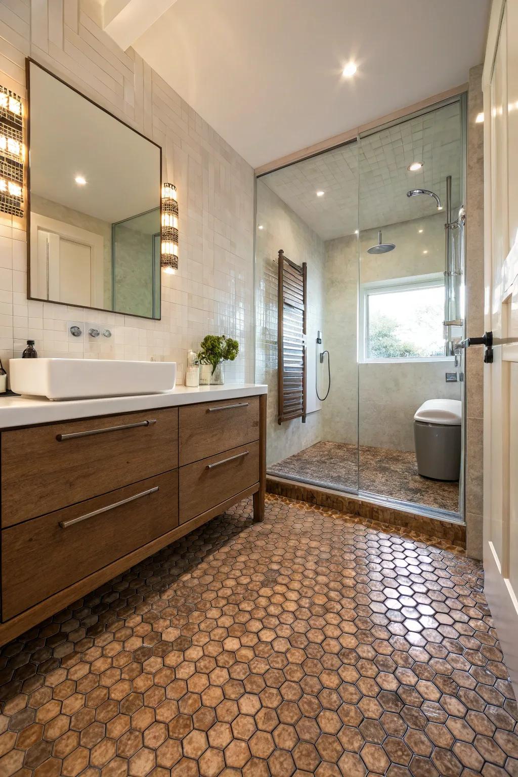 Eco-friendly design using recycled penny tiles.
