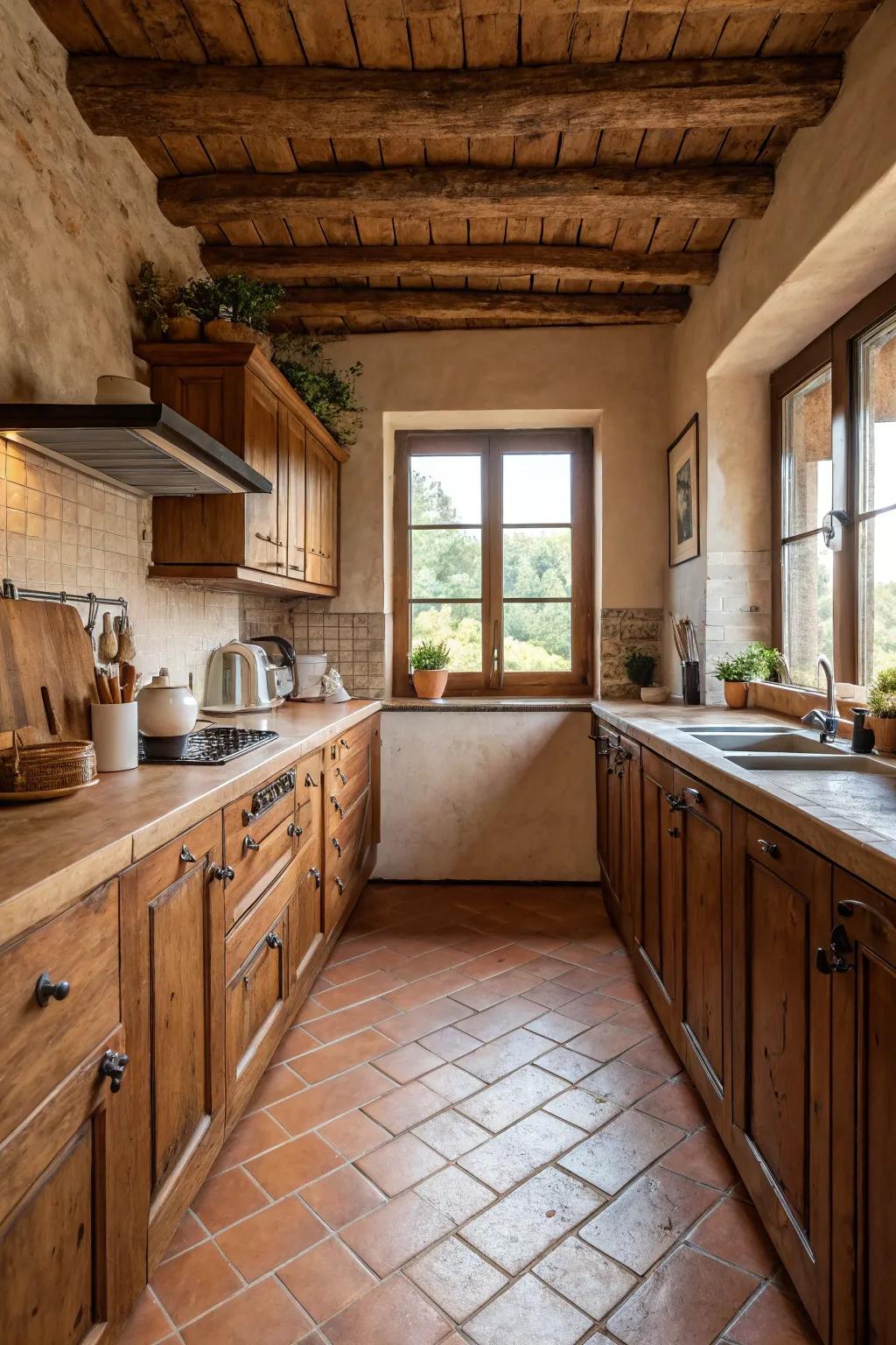 Earthenware tiles infuse cooking spaces with Mediterranean warmth.