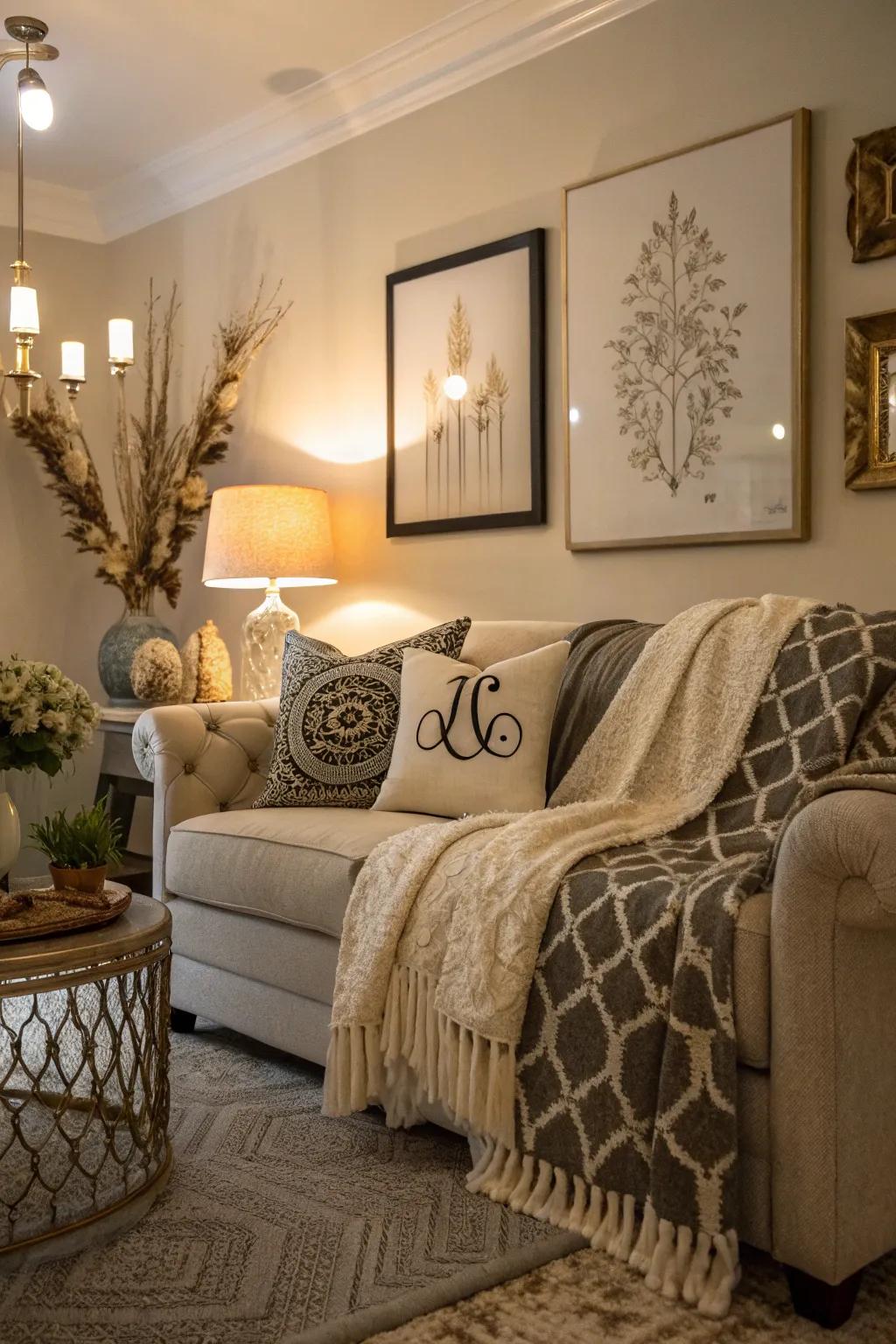 Personalized throws on a couch, adding a unique and individual touch to the design.