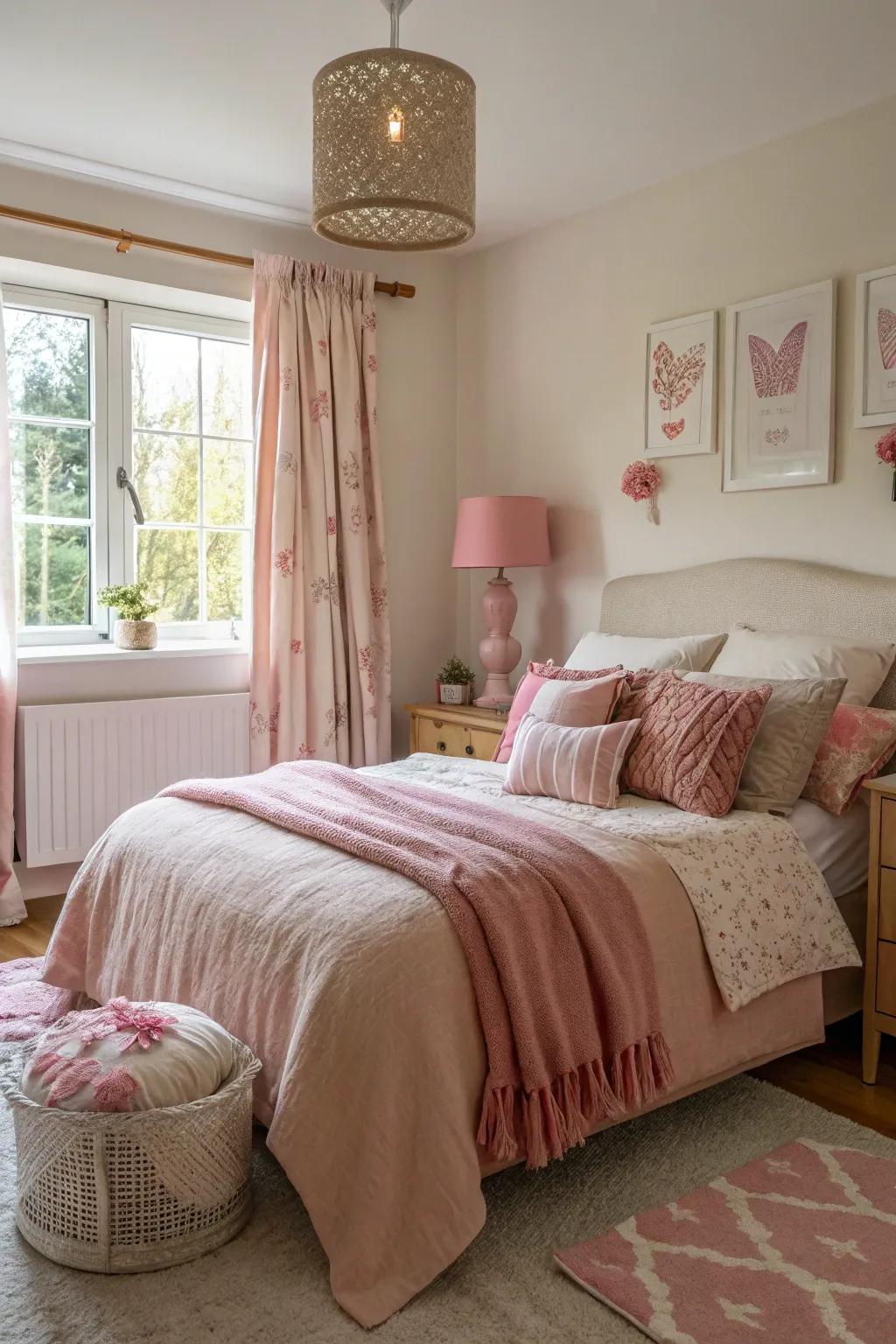 Unforeseen rose decor components contribute a distinctive twist to this chic bedroom.