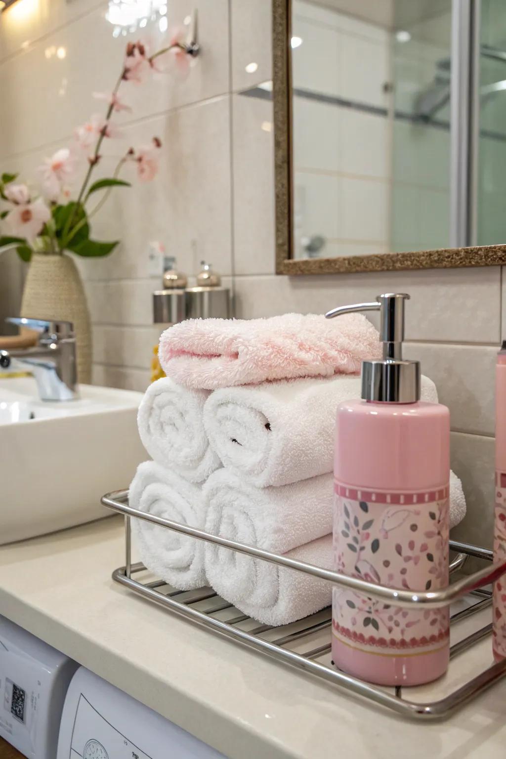 Rose accents bringing a gentle, festive touch to the bathroom.
