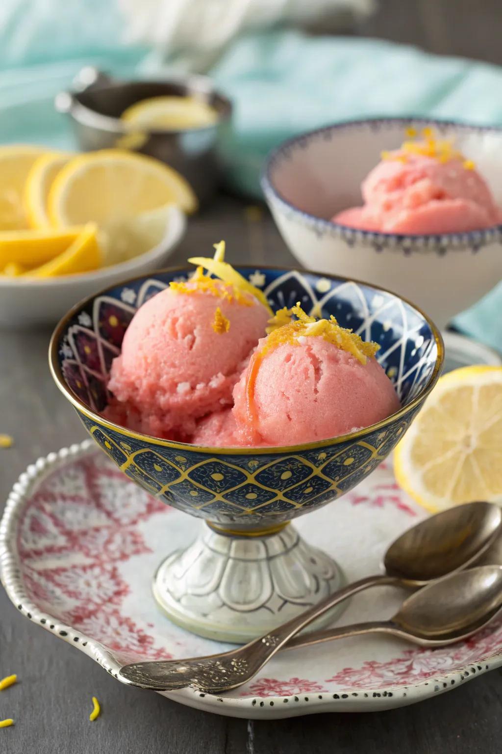 Blush lemonade ice is a revitalizing and tangy dessert.