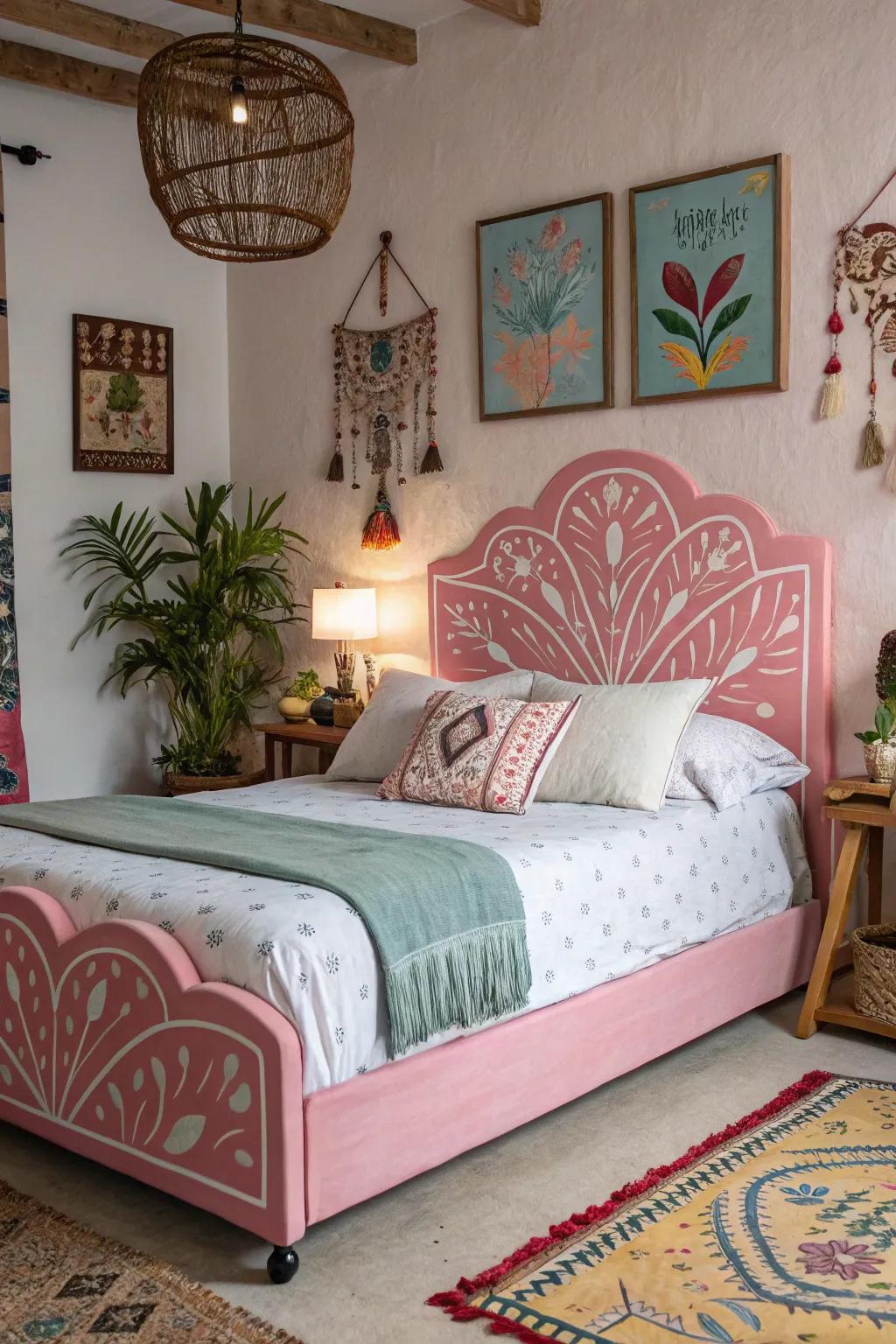 A creative and captivating bedroom featuring a painted pink headboard.