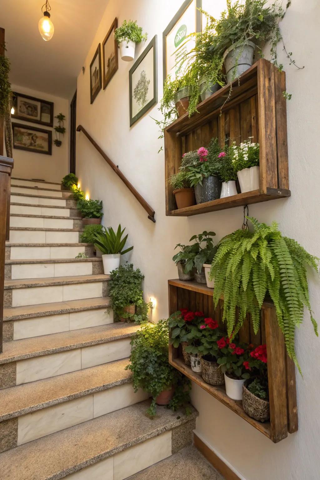 Add a vibrant touch with staircase plant shelves.