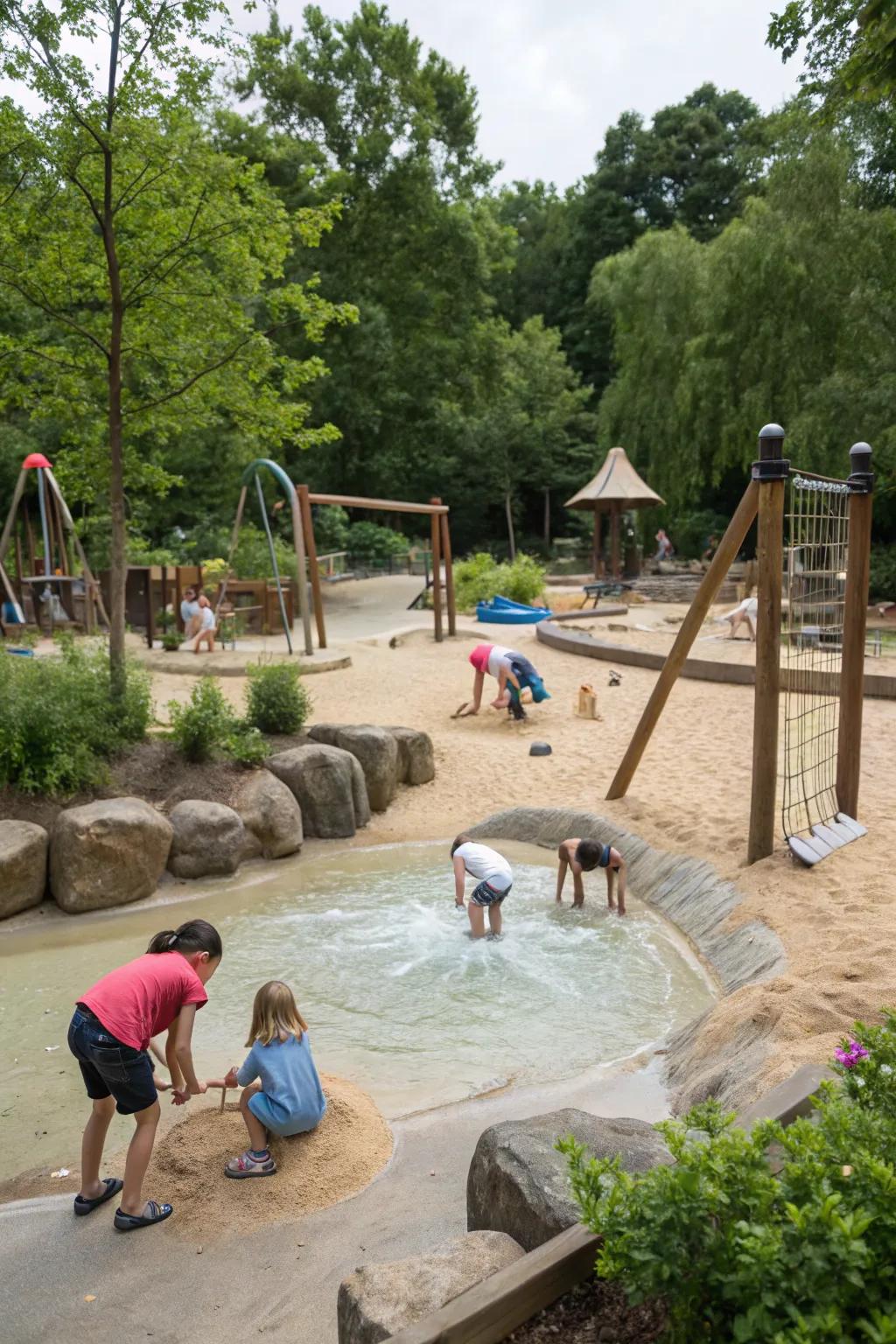 Sand and water spaces offer sensory-rich experiences.