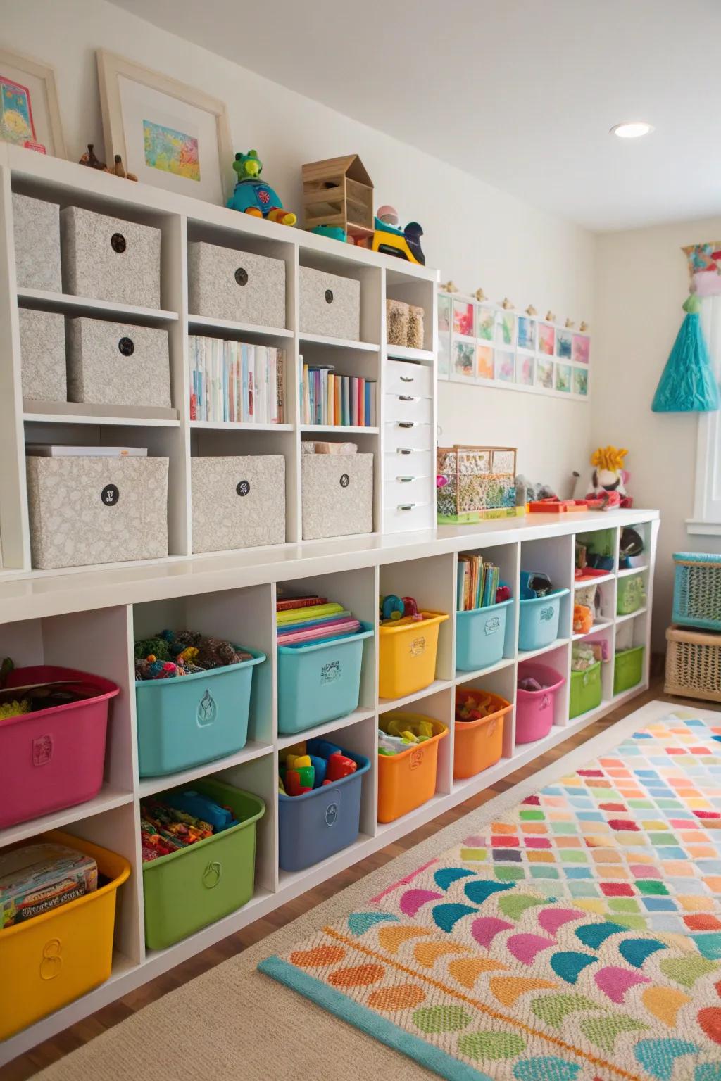 DIY storage solutions in a playroom, built from repurposed materials.