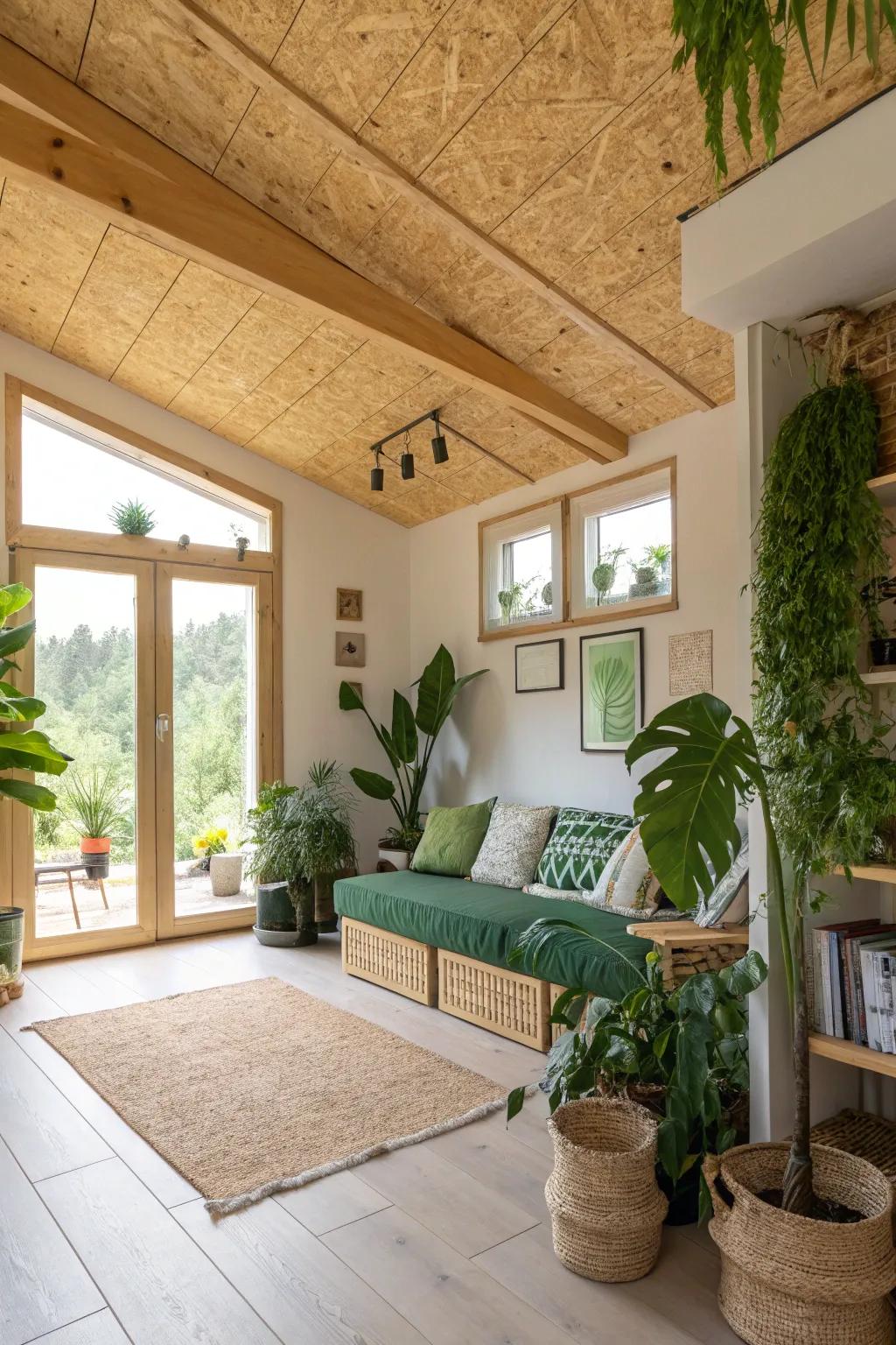 An eco-conscious home showcasing a sustainably sourced plywood ceiling.