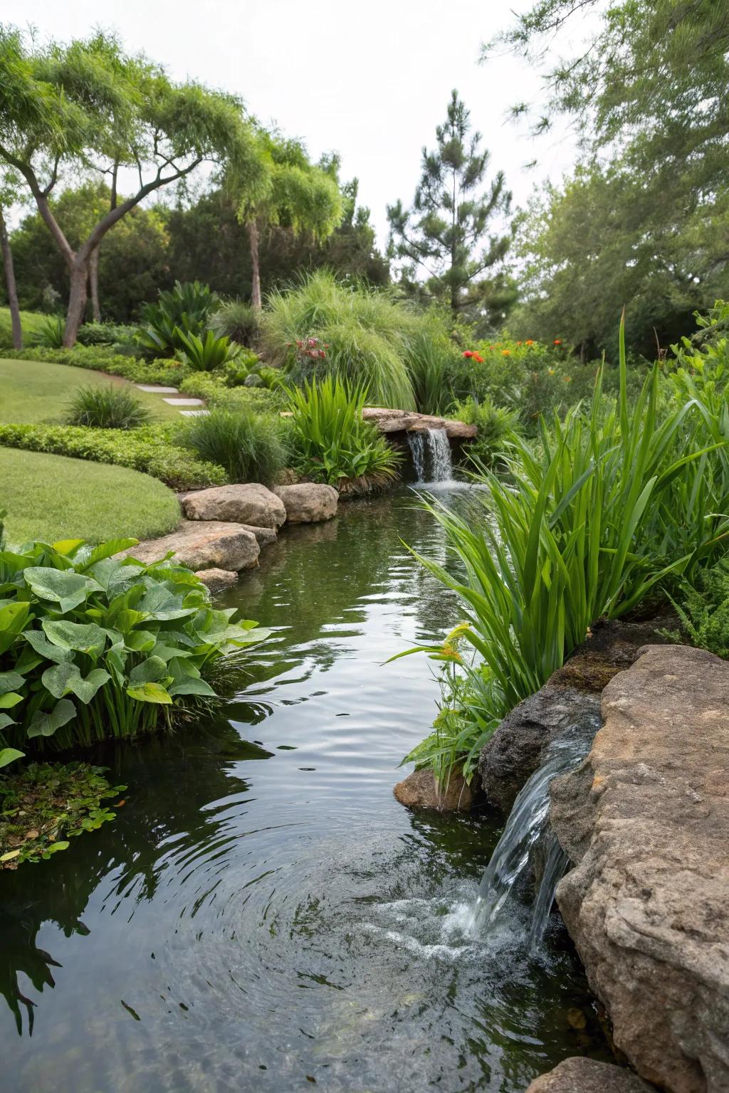 Gurgling streams connect parts of the pond, making great sounds.