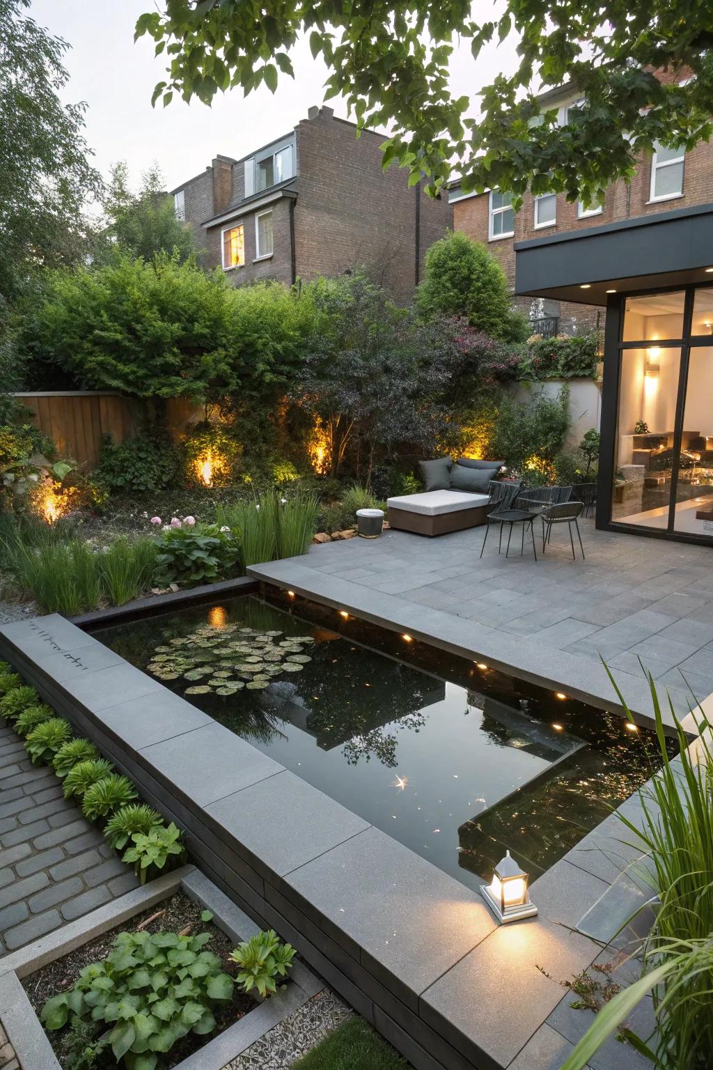 A modern elevated pond design in an urban backyard.