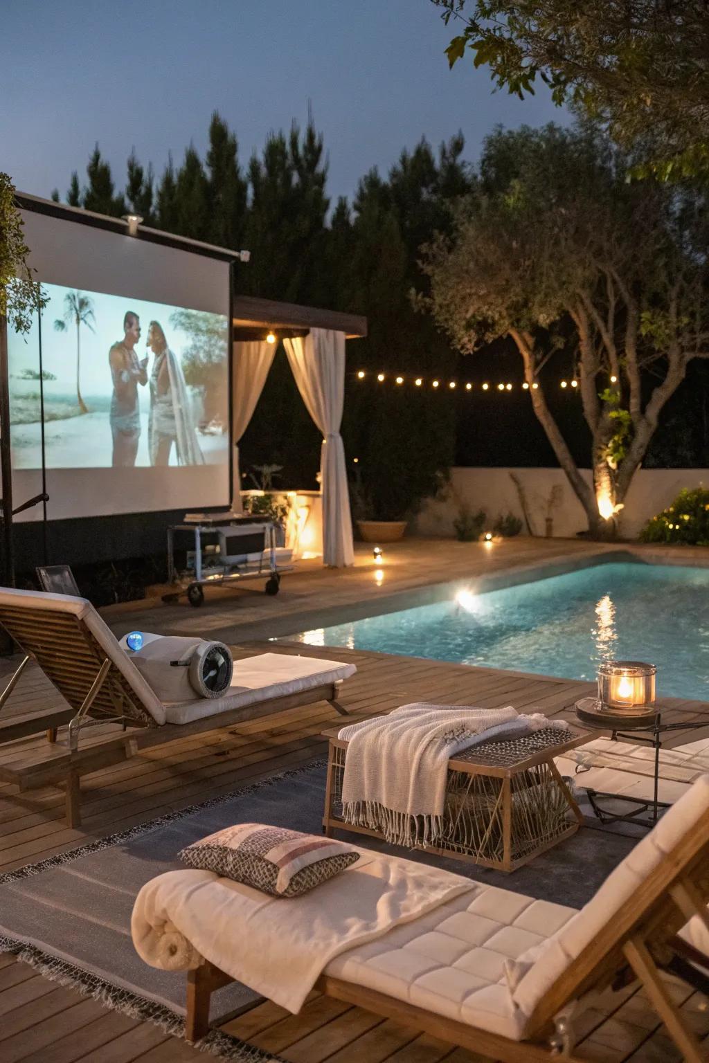 Poolside entertainment featuring an outdoor cinema setup.