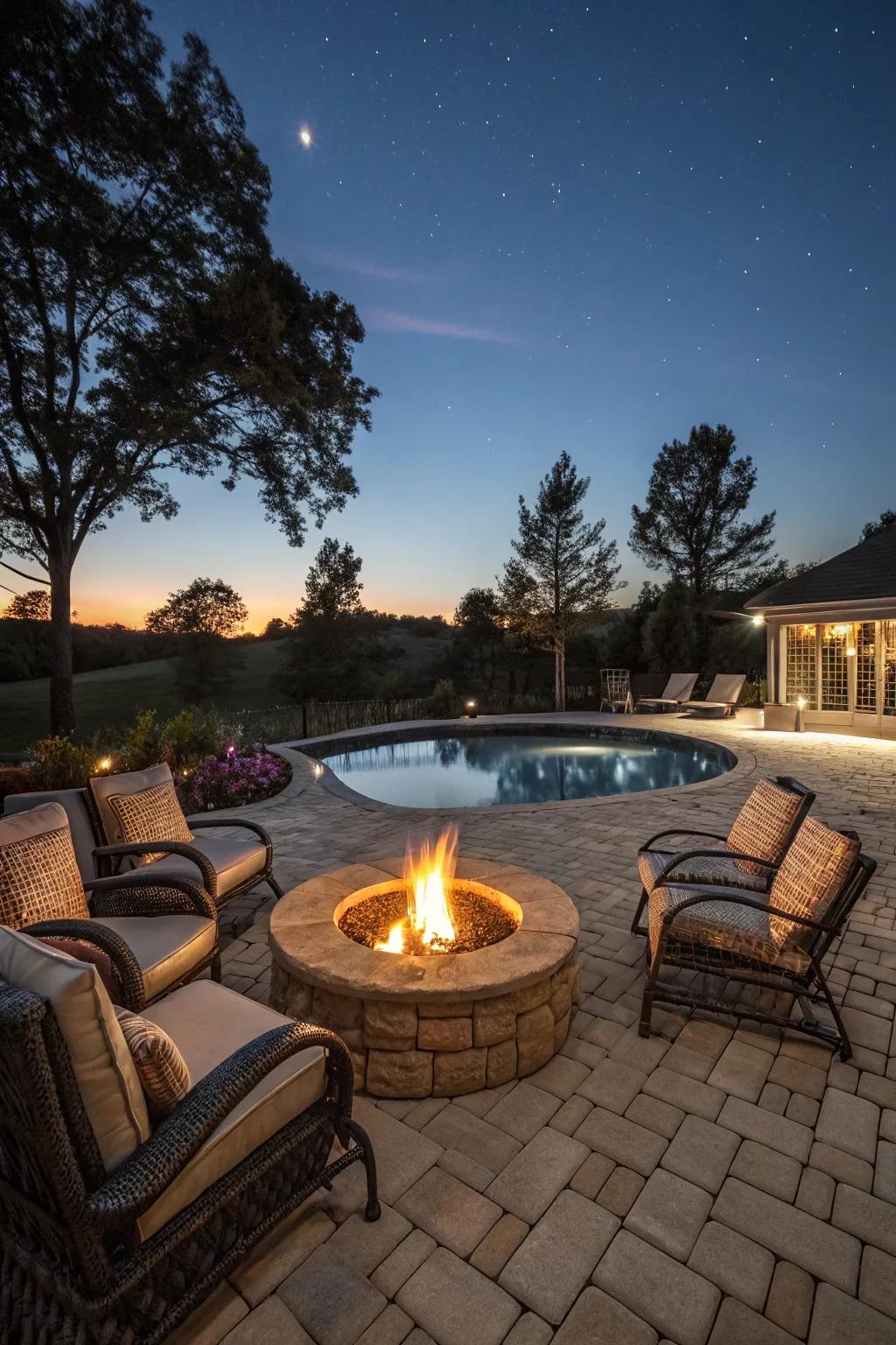 A bonfire spot creates a warm and inviting atmosphere for evening enjoyment.