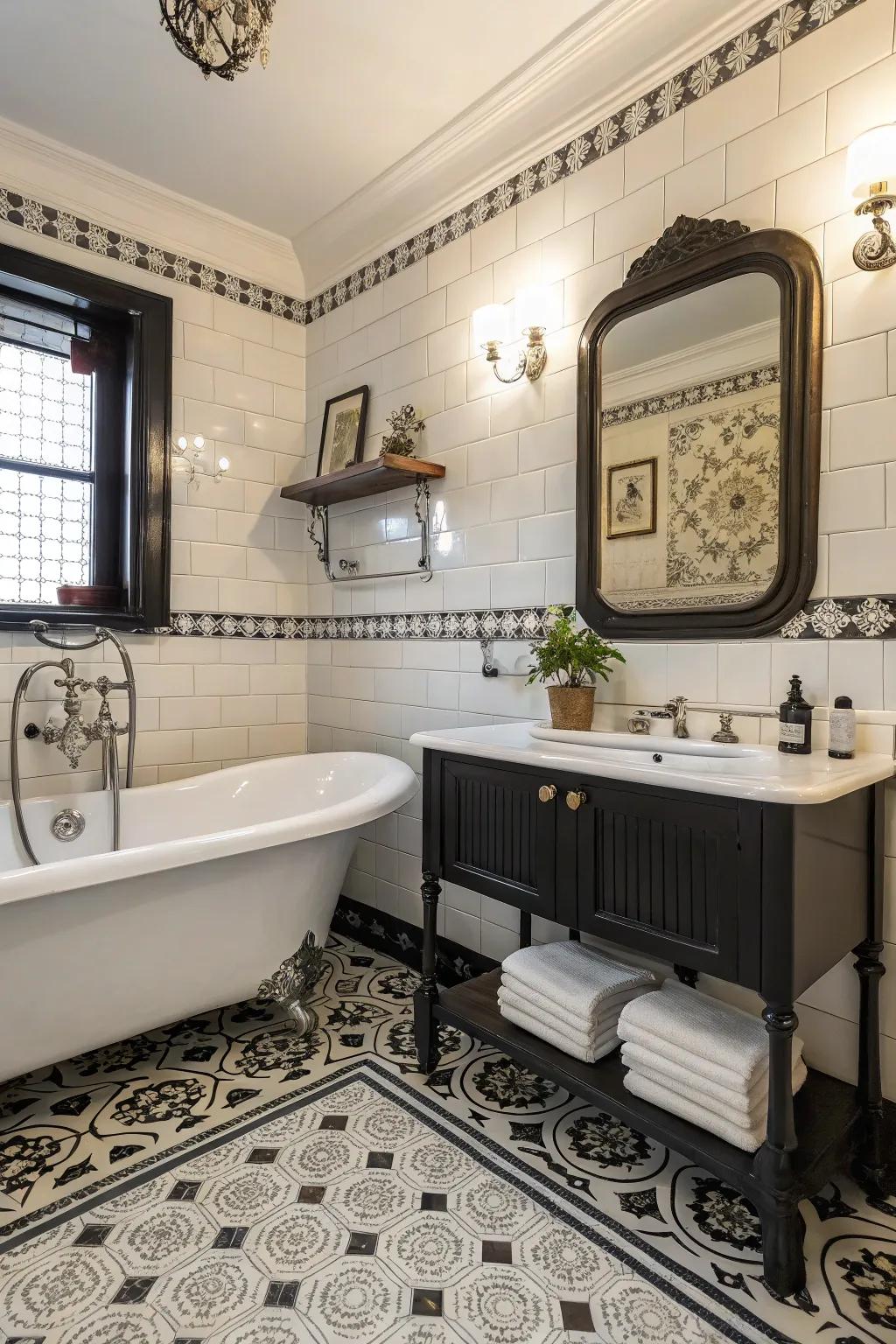 Black and white porcelain tiles provide a timeless and sophisticated look in this bathroom.
