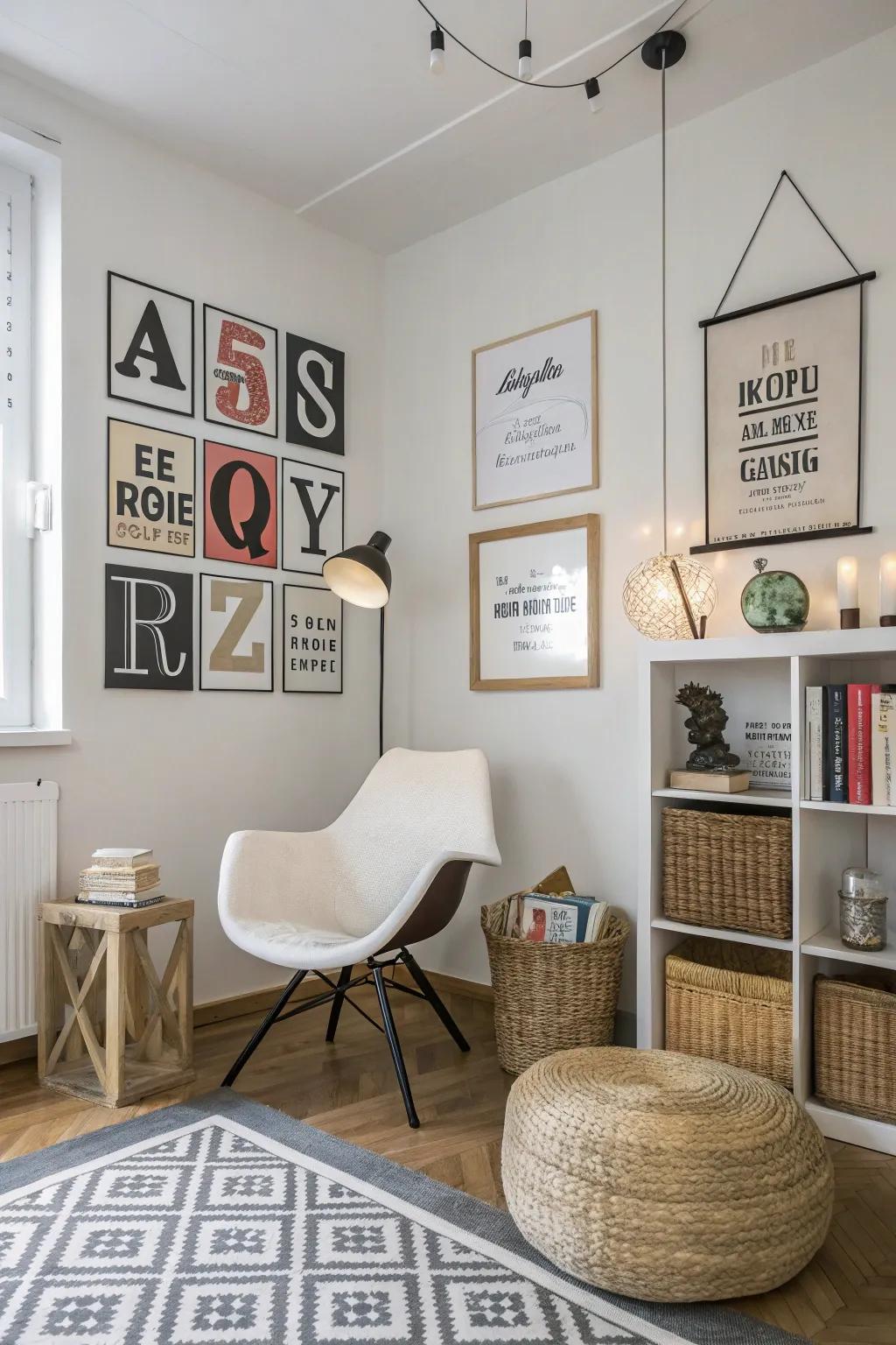 A stylish room featuring impactful typography posters.