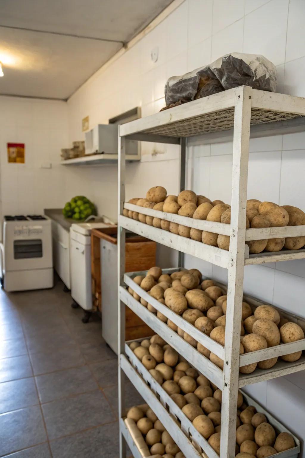 Unadorned shelving offers a minimalist spud display.