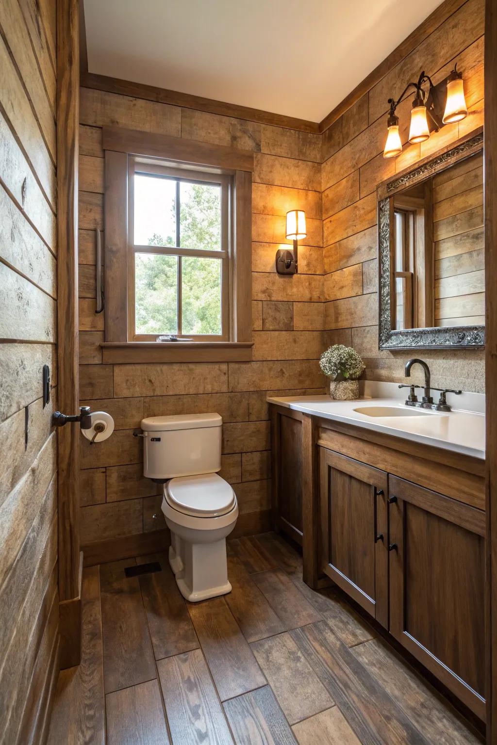 Wood-look tiles add warmth and rustic charm.