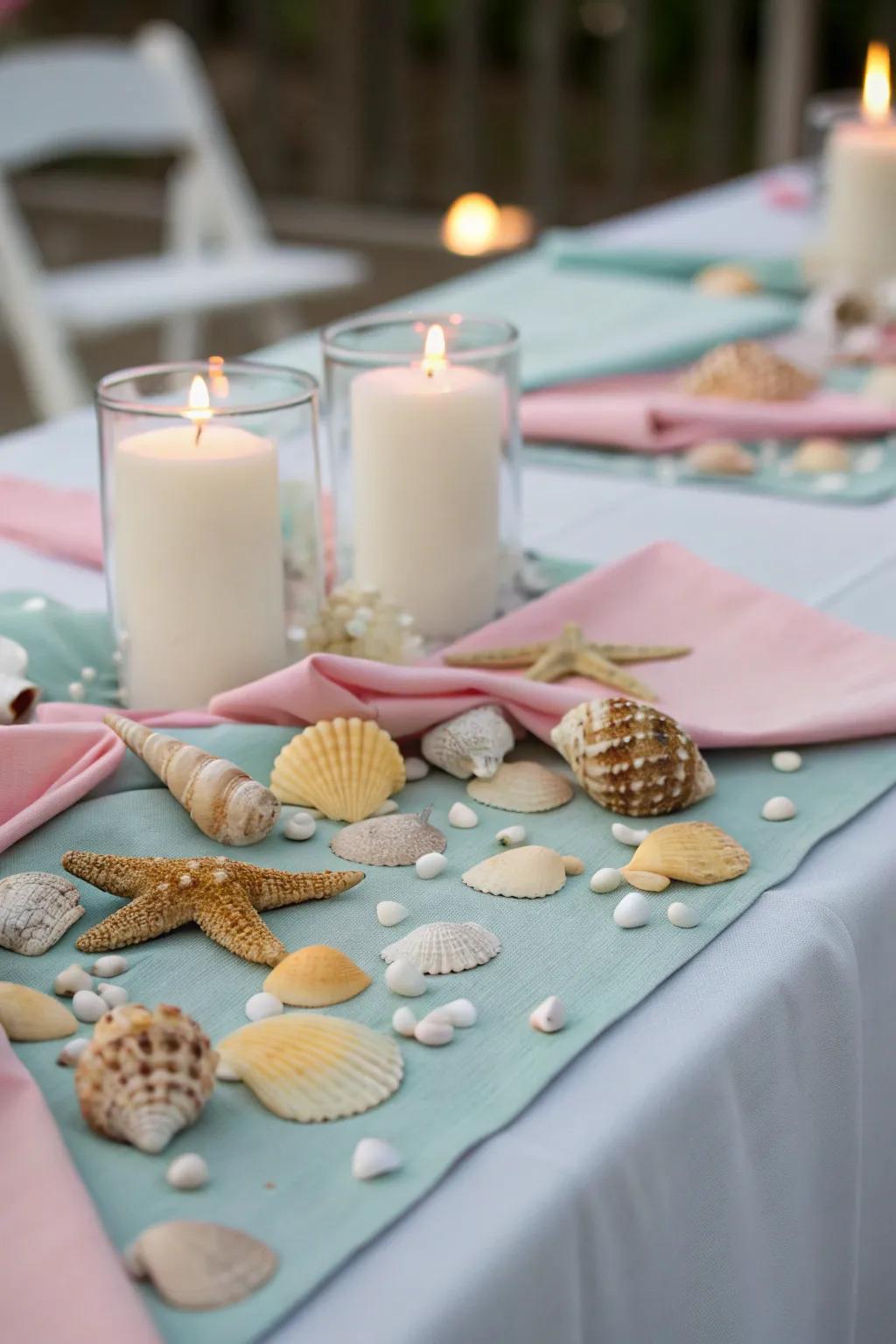 Seashells contribute a beachy and elegant touch to the table aesthetic.