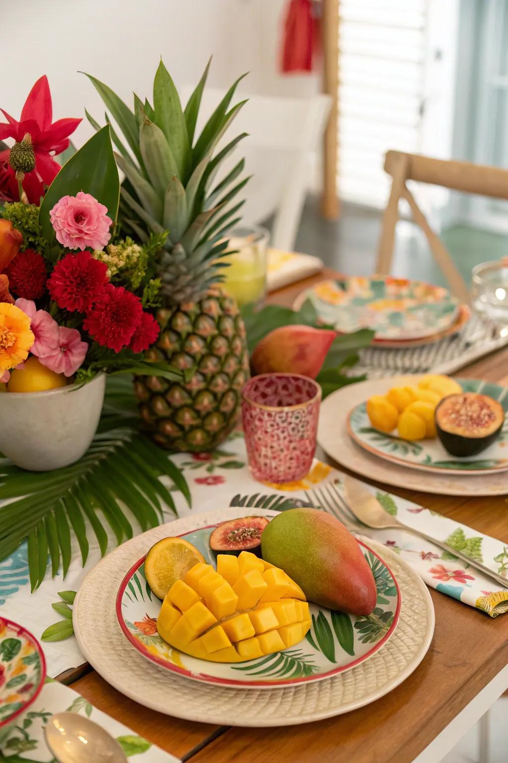 A dining table with tropical-themed ornaments, showcasing exotic fruits and bright colors.