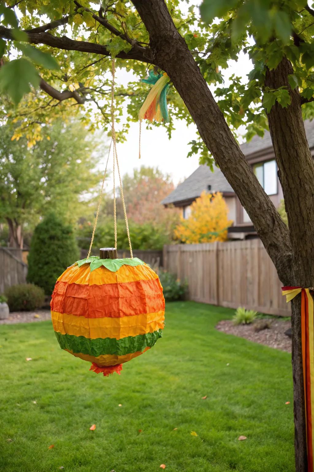 A pumpkin piñata incorporates an element of surprise and amusement.