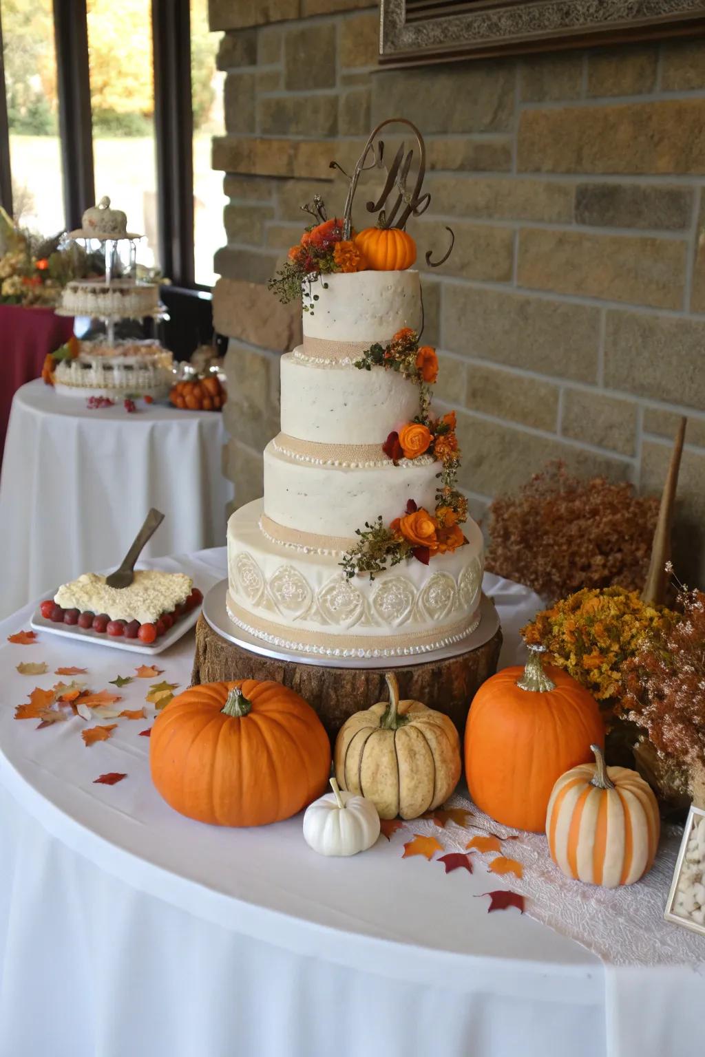 A cake table elegantly decorated with gourd accents.